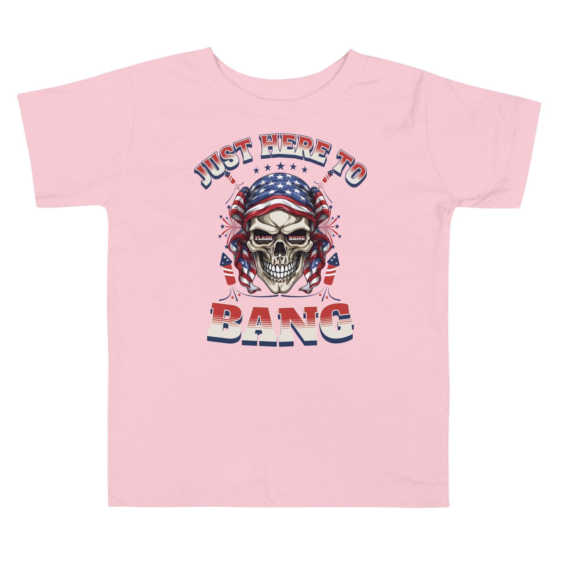 Pink t-shirt with a skull graphic and text on a white background