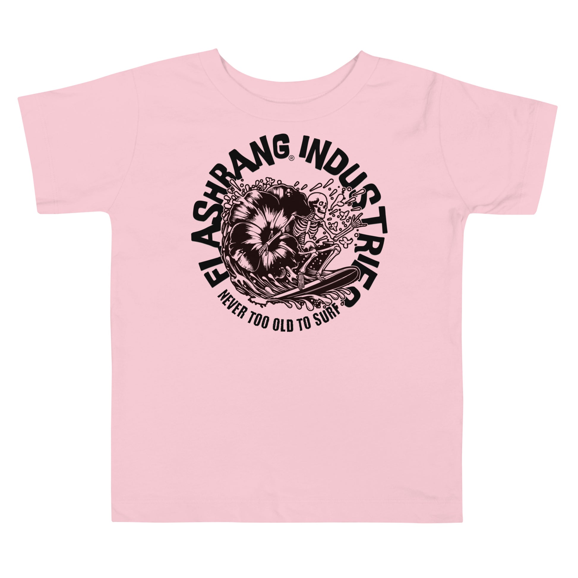 Pink t-shirt with black graphic design and text on a white background