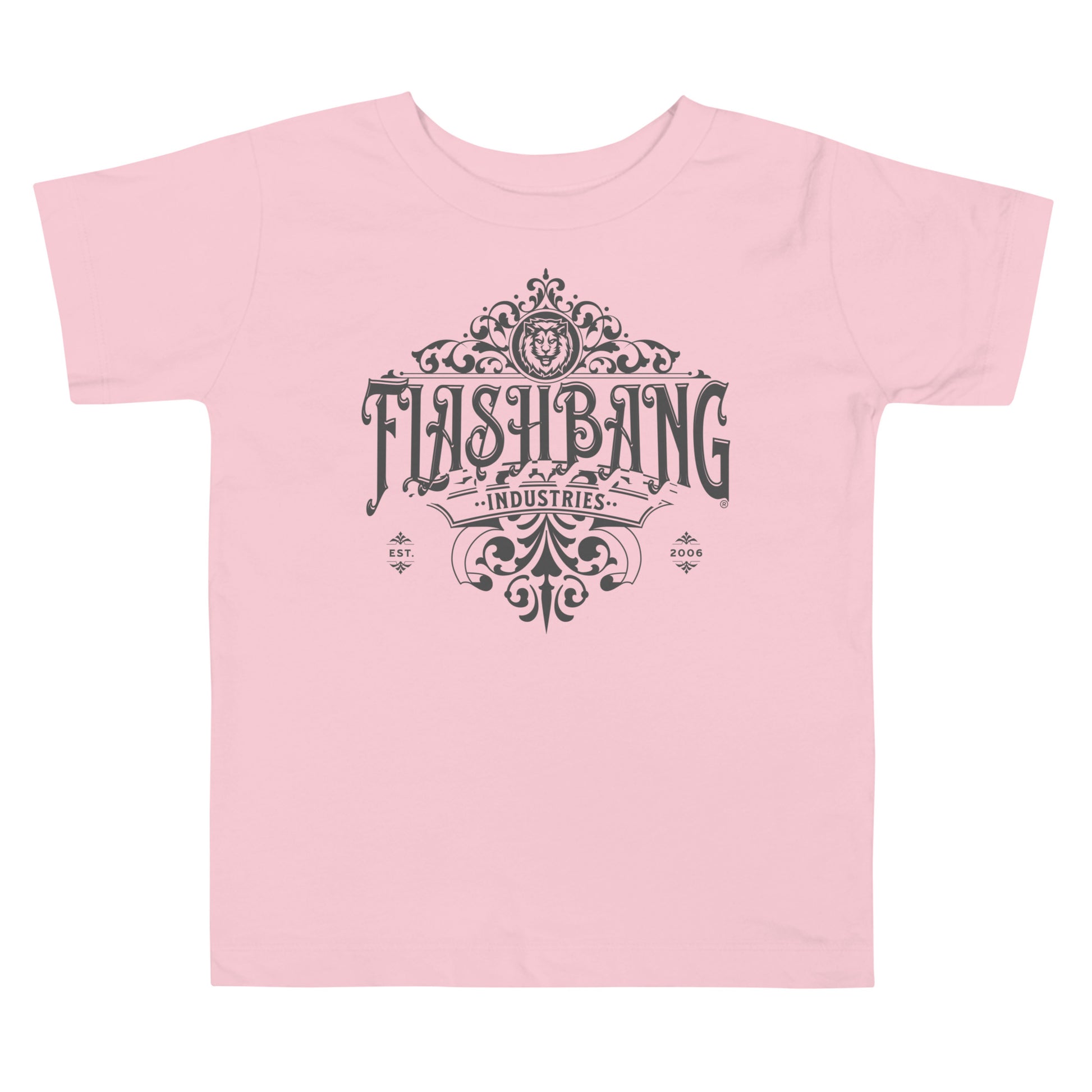 Pink t-shirt with 'Flashbang Industries' graphic design on a white background