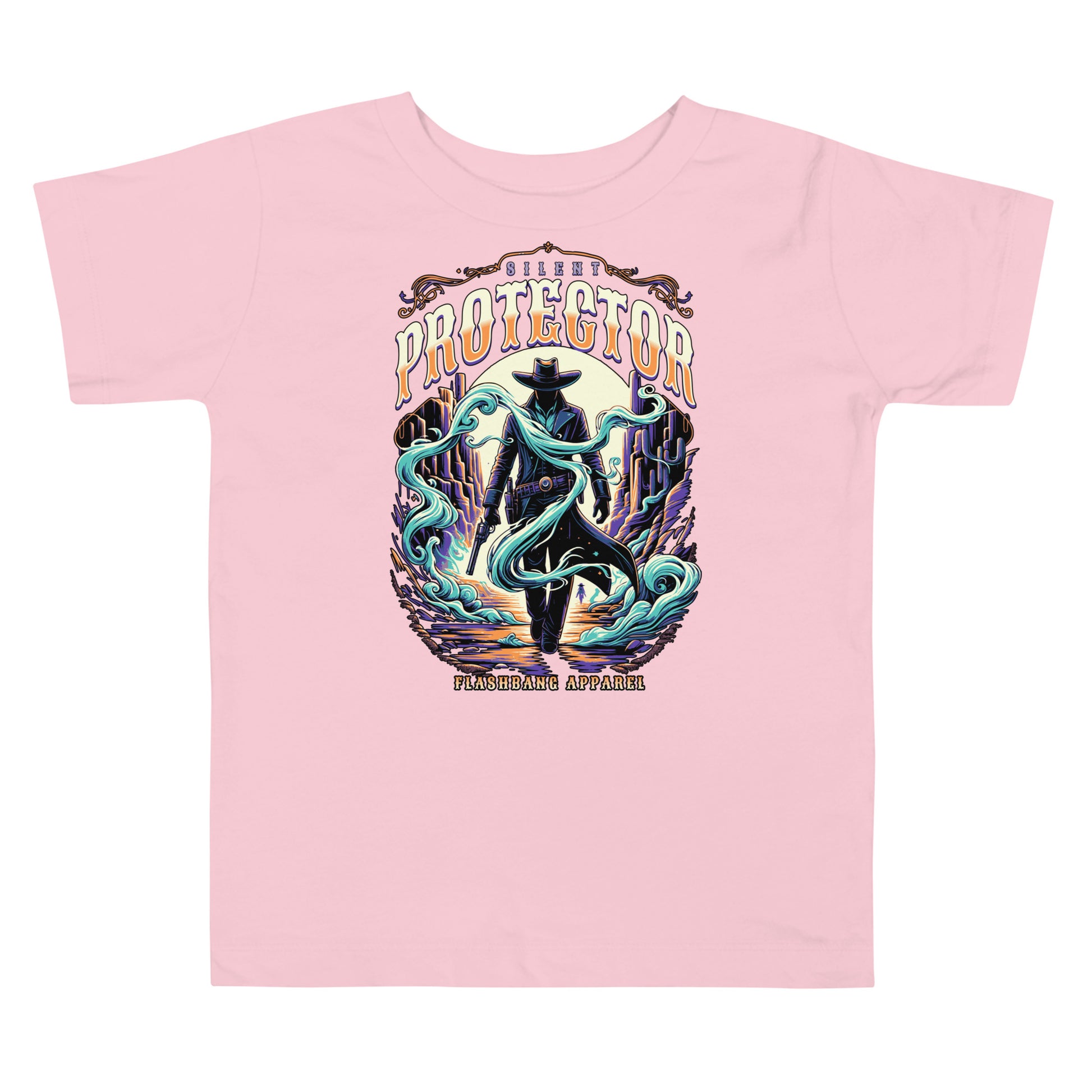 Pink t-shirt with a colorful graphic design on a white background