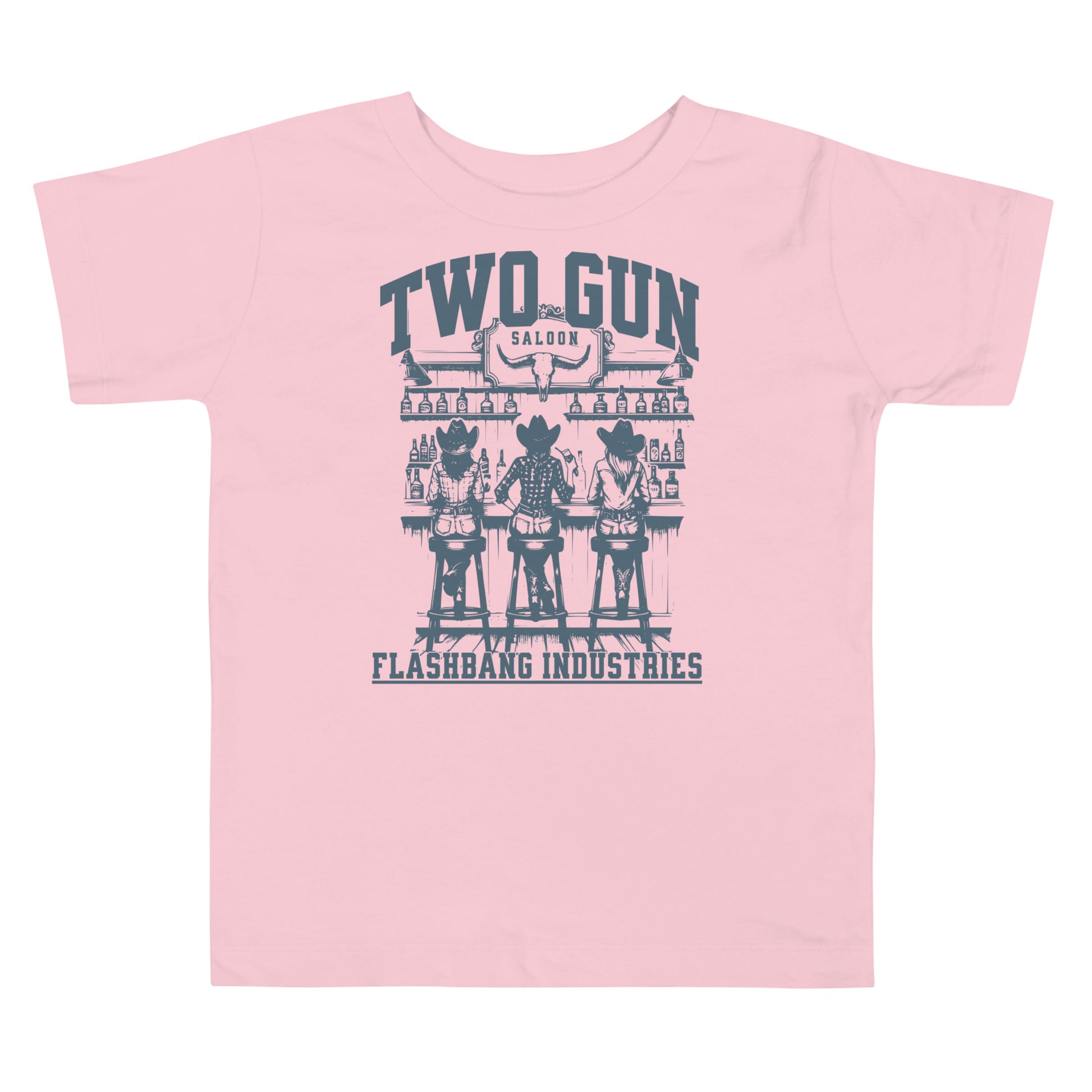 Pink t-shirt with graphic design and text on a white background