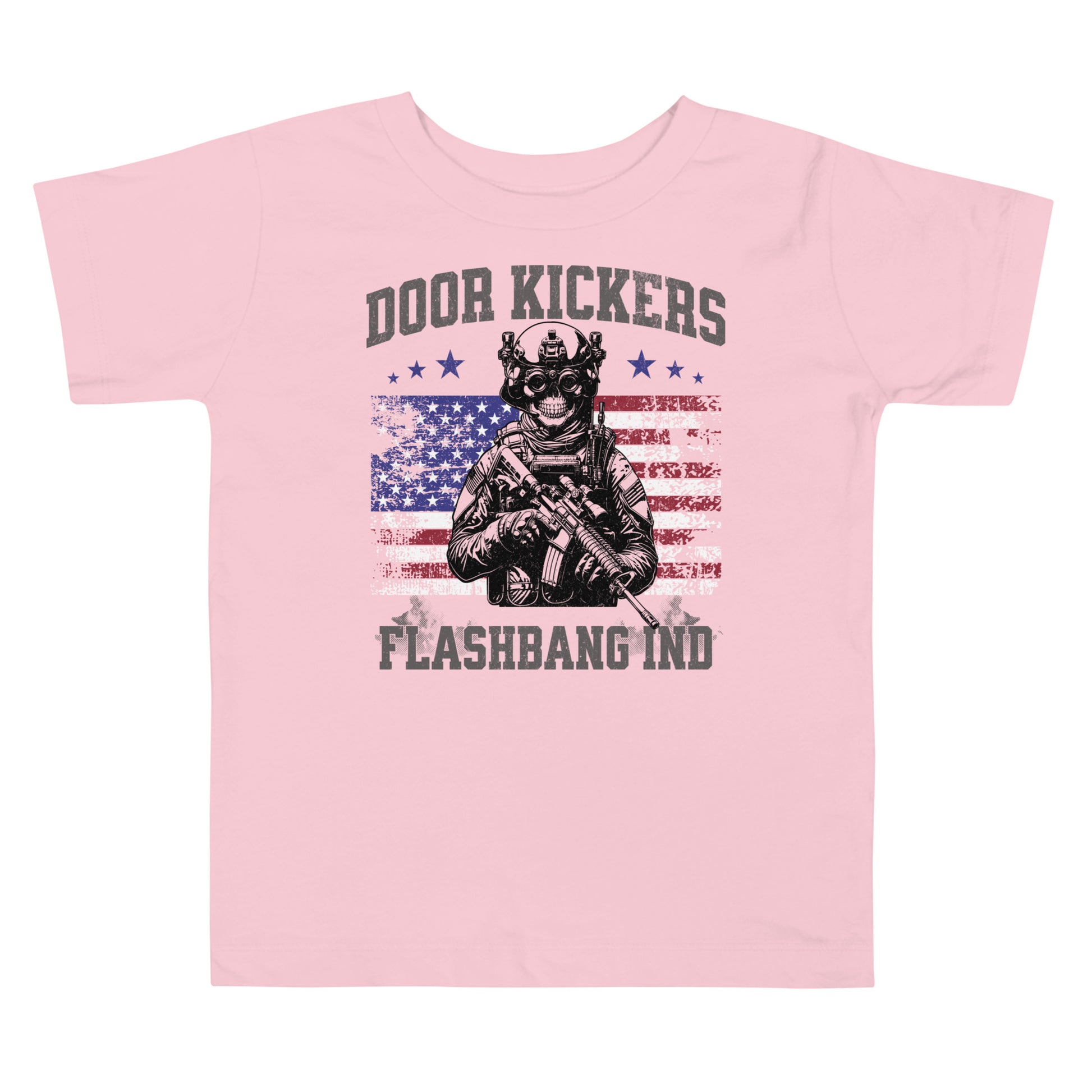 Pink t-shirt with graphic design and text on a white background
