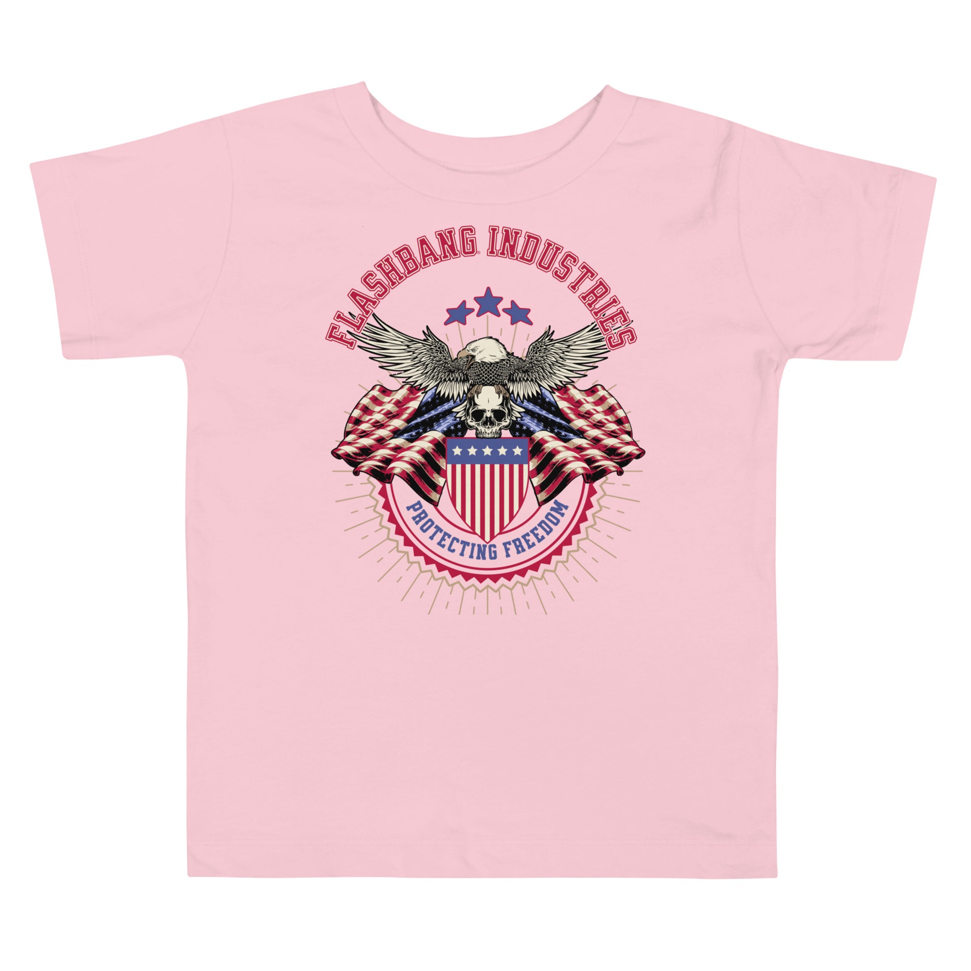 Pink t-shirt with an eagle and flag design on a white background