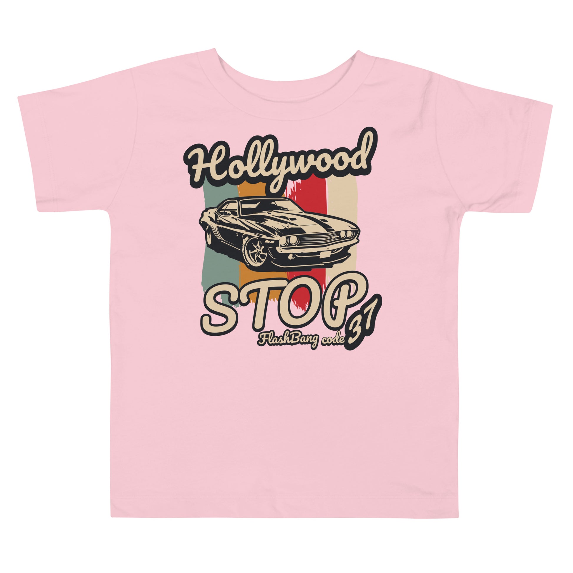 Pink t-shirt with a vintage car graphic and text on a white background
