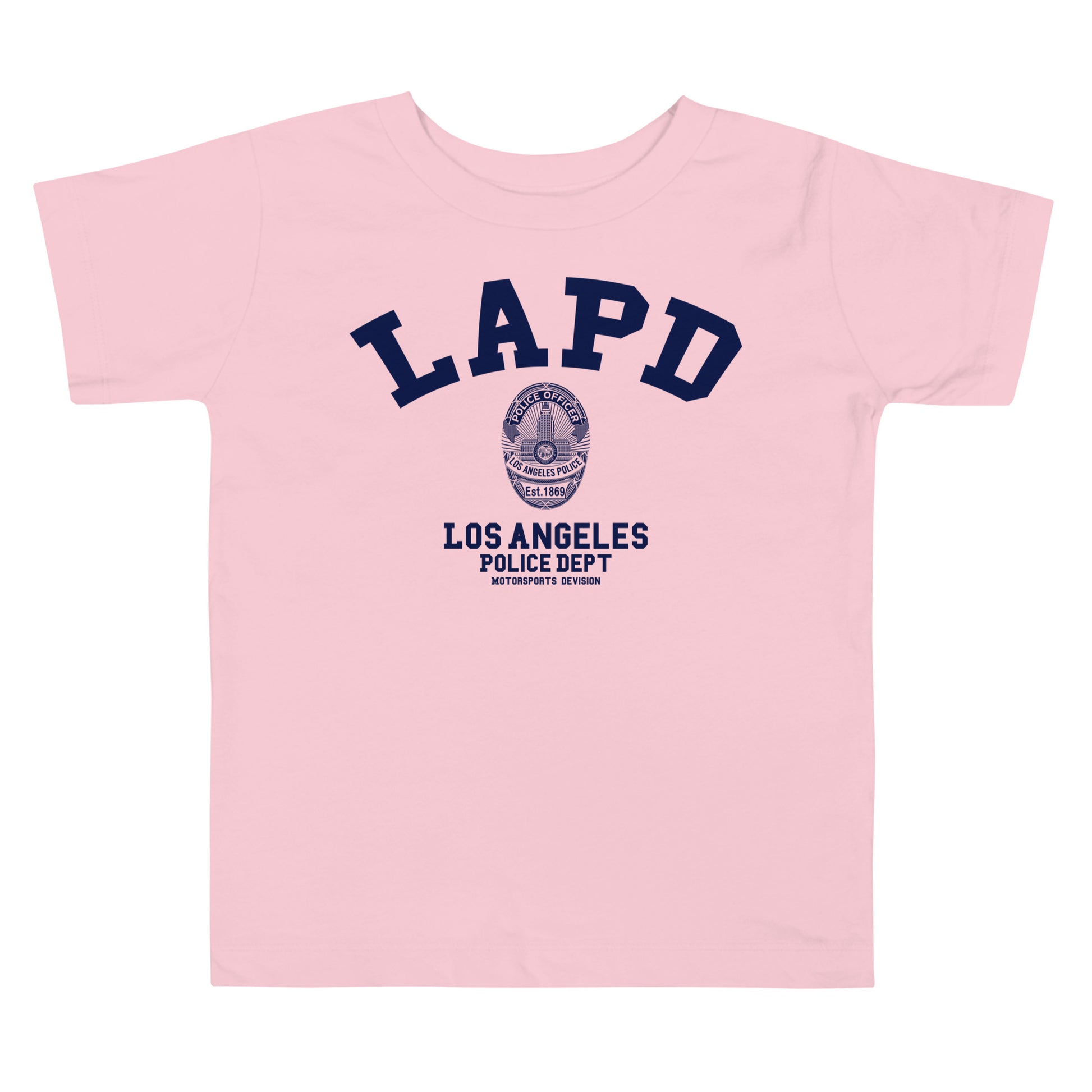 Pink t-shirt with LAPD Los Angeles Police Dept logo on a white background