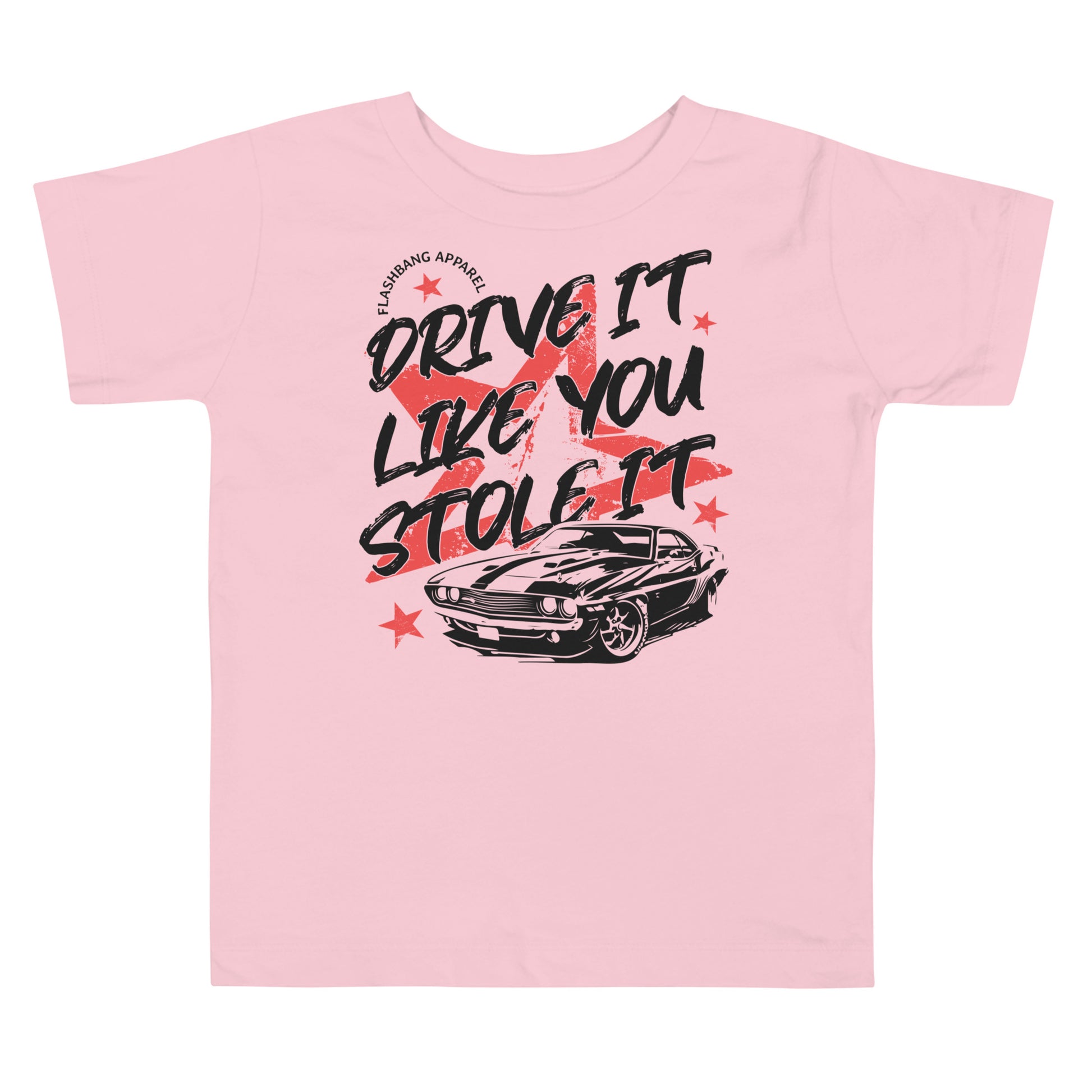 Pink t-shirt with a graphic of a car and text on a white background