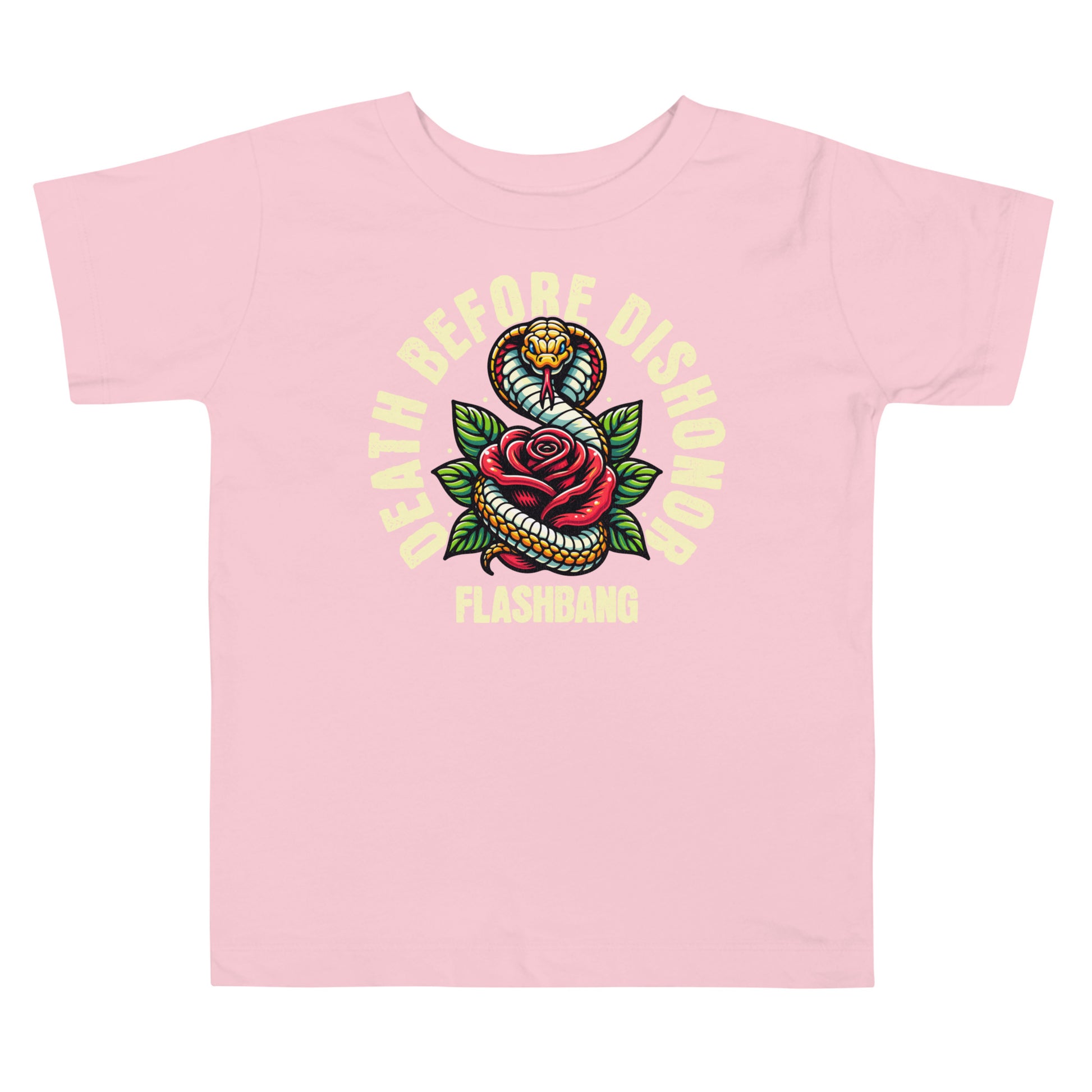 Pink t-shirt with a snake and rose graphic and 'Death Before Dishonor Flashbang' text on a white background