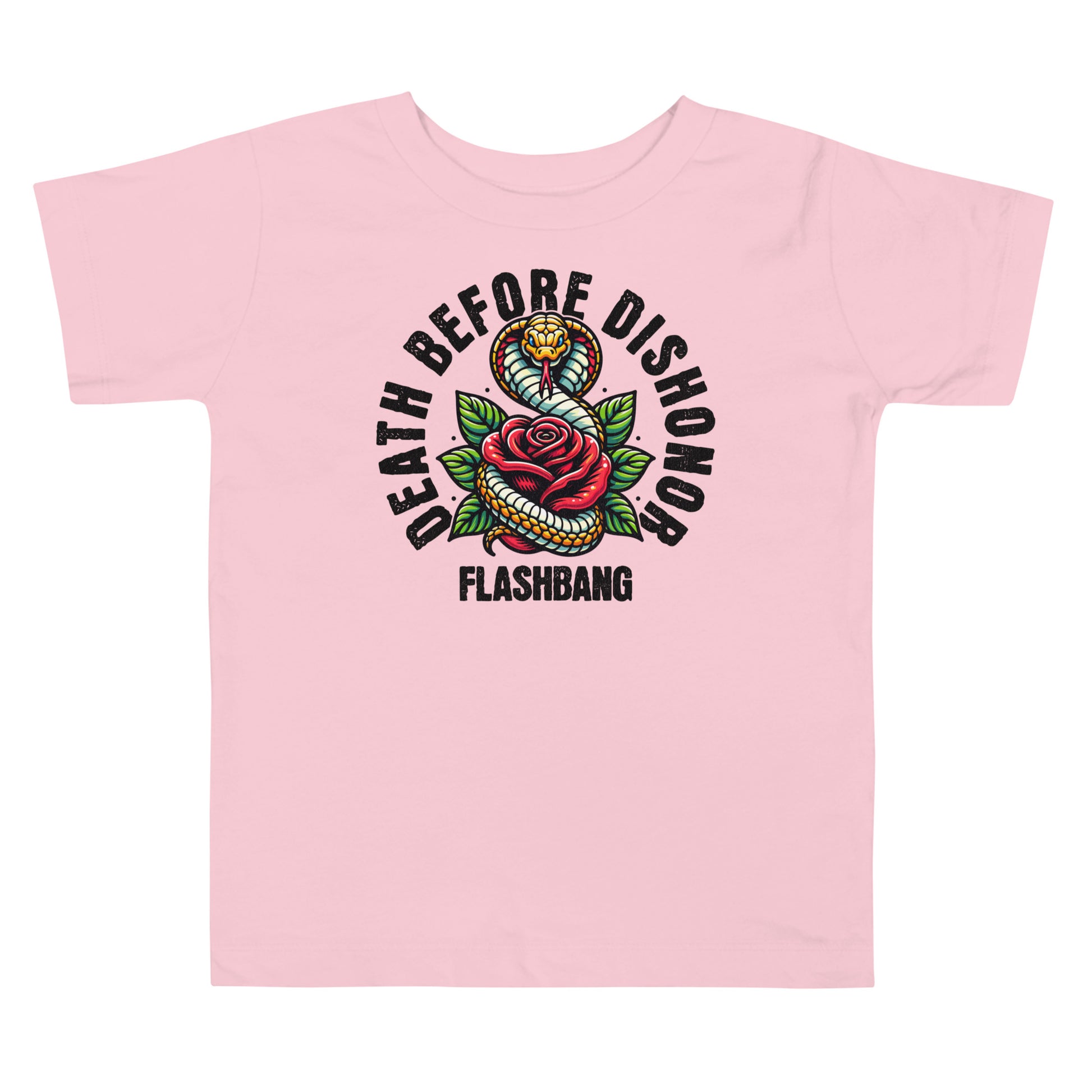 Pink t-shirt with 'Death Before Dishonor Flashbang' graphic design on a white background