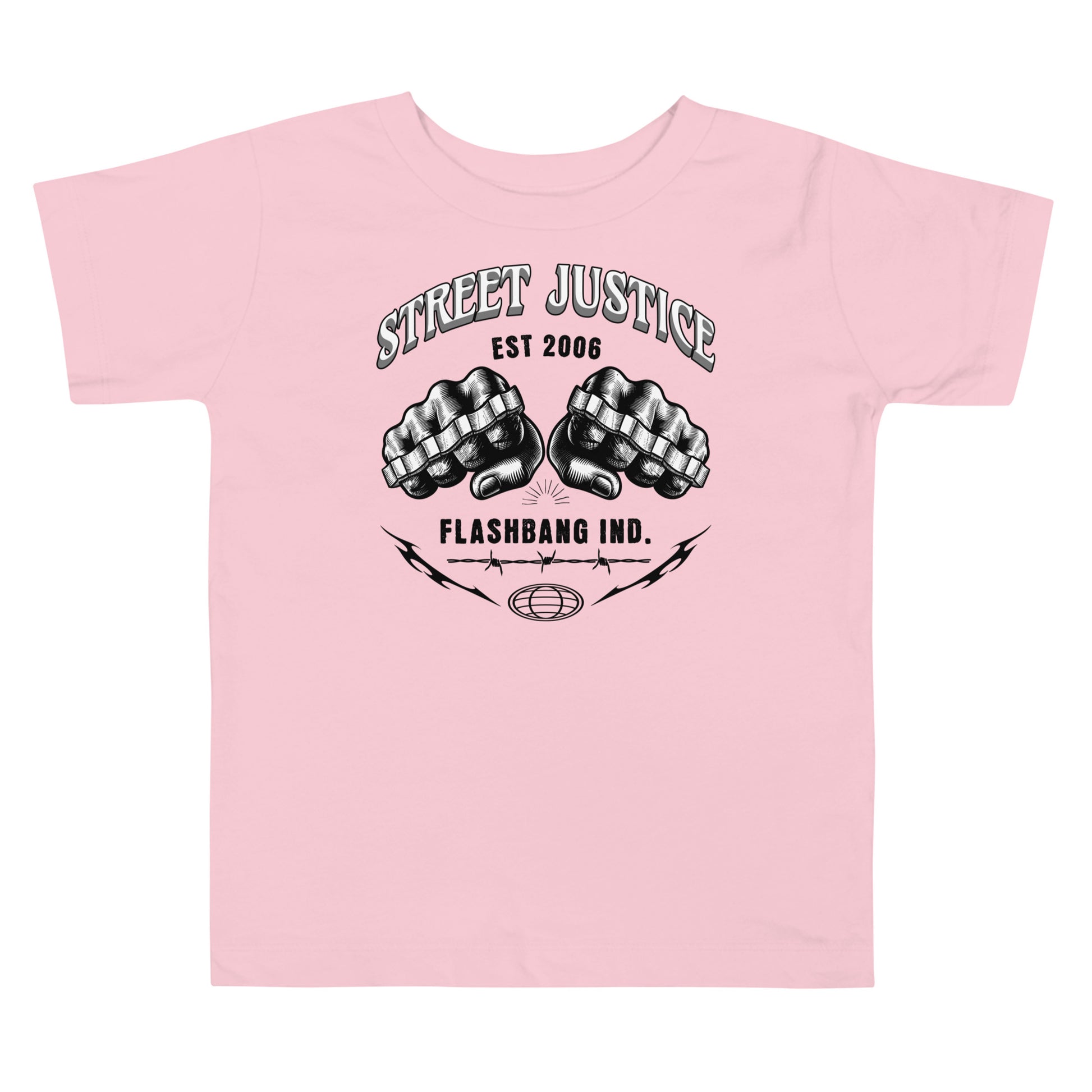 Pink t-shirt with black graphic design and text on a white background