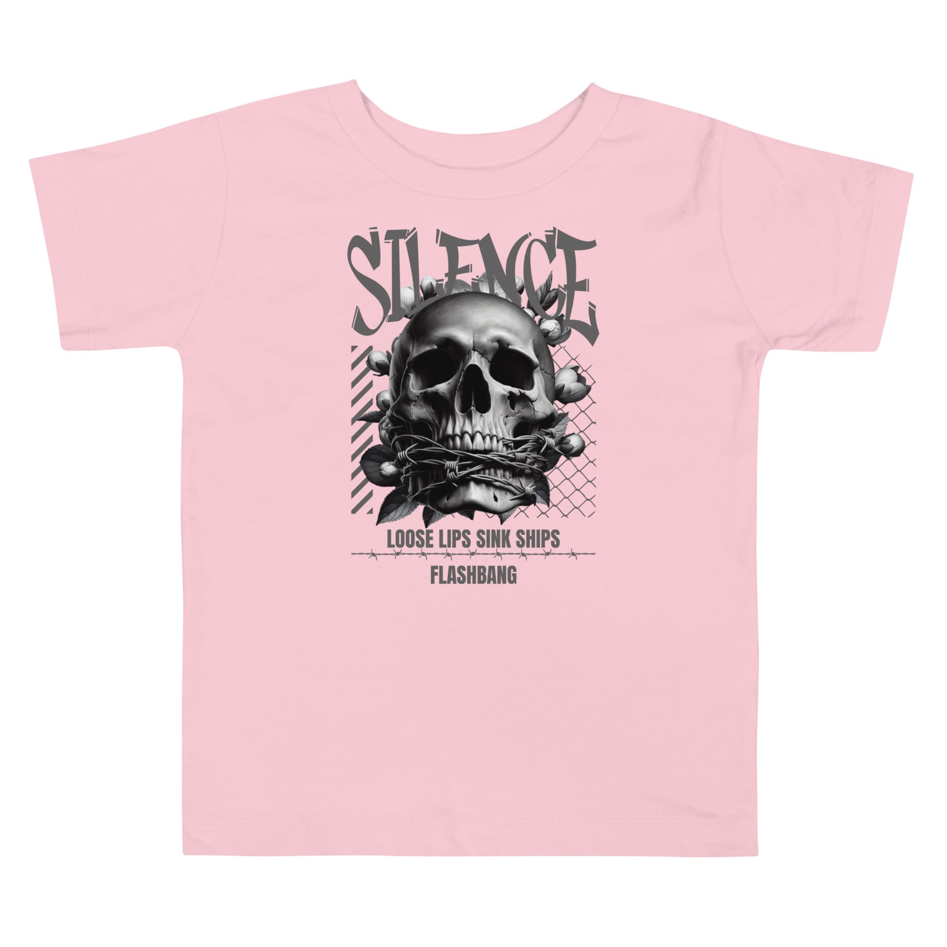 Pink t-shirt with a skull and text design on a white background