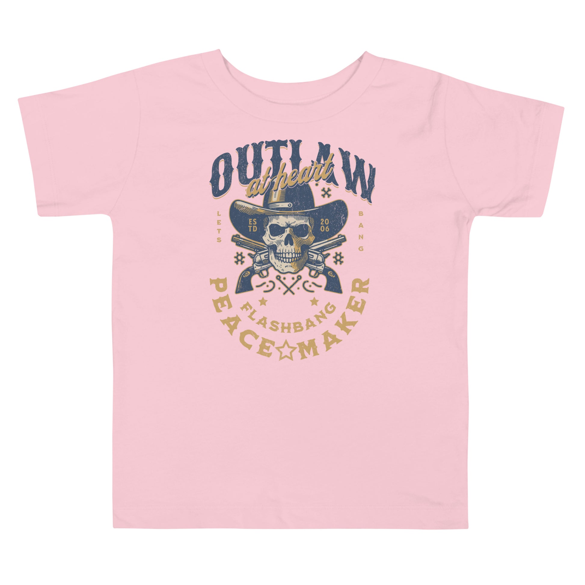 Pink t-shirt with skull and hat graphic and text on a white background