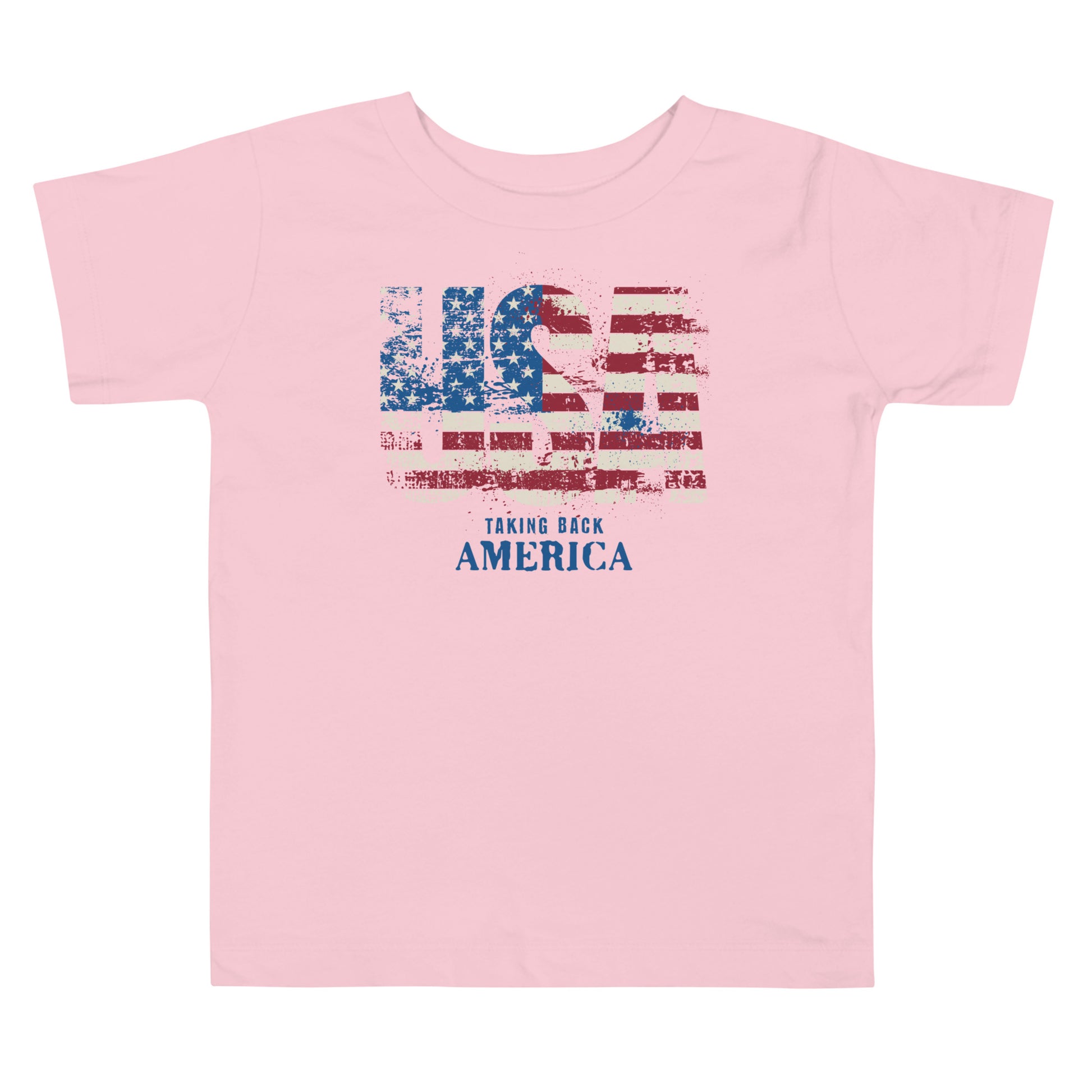 Pink t-shirt with American flag graphic and 'Taking Back America' text on a white background