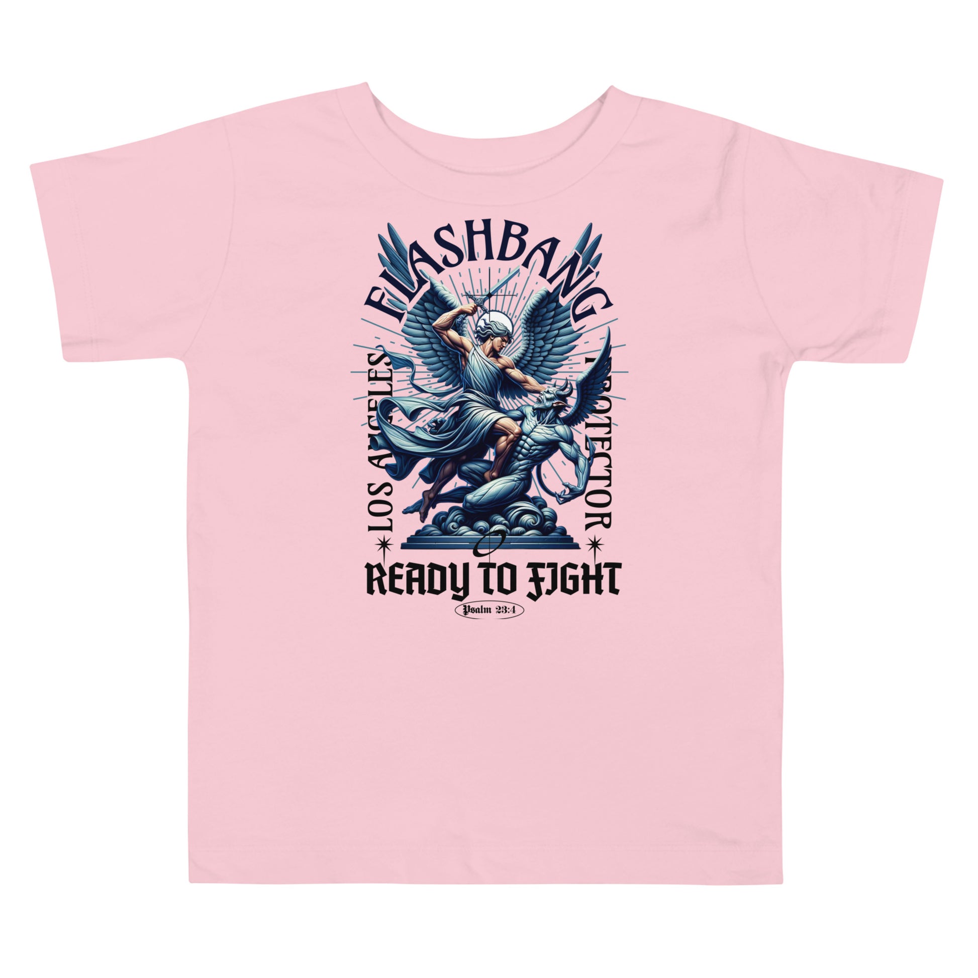 Pink t-shirt with graphic design and text on a white background