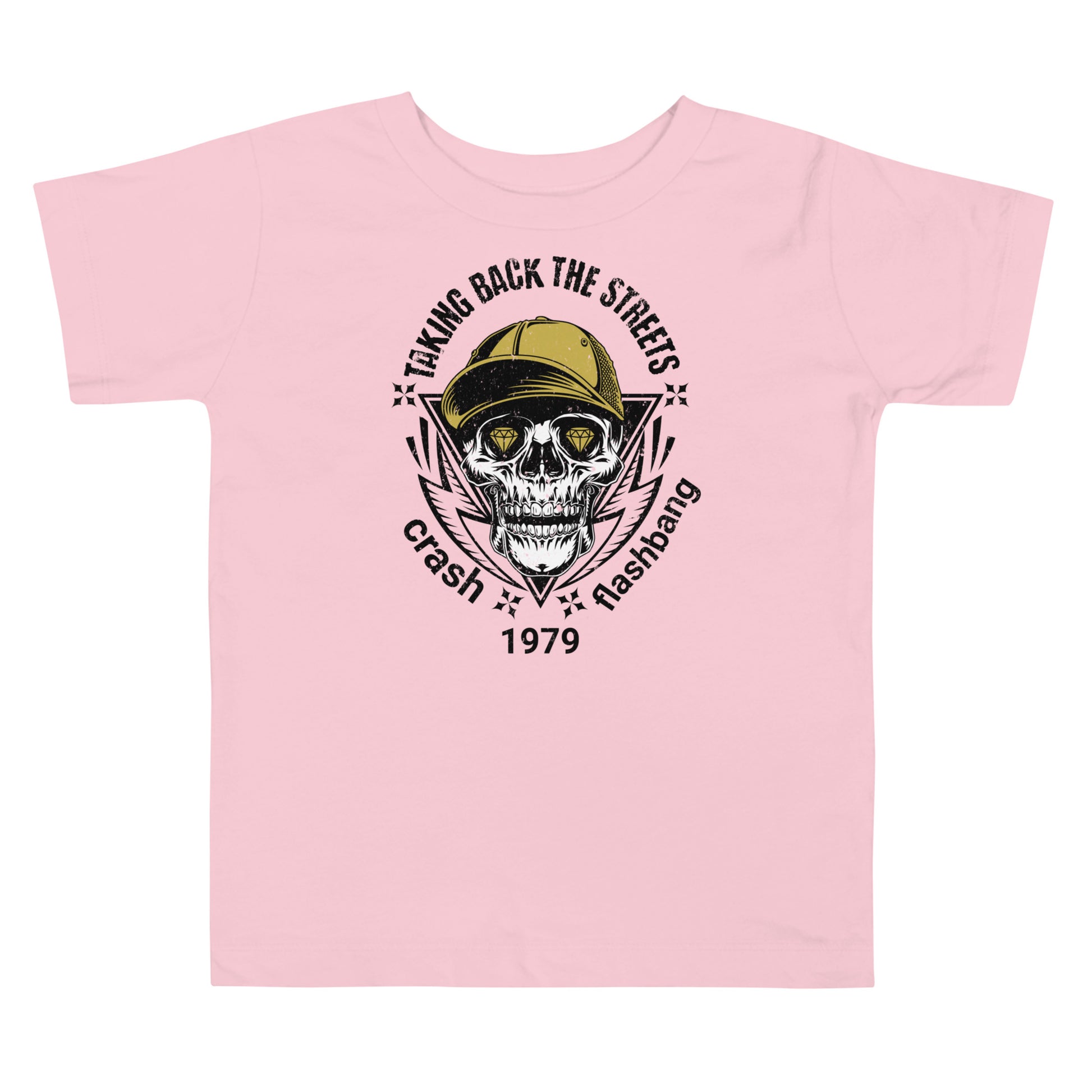Pink t-shirt with skull and cap graphic and text on a white background