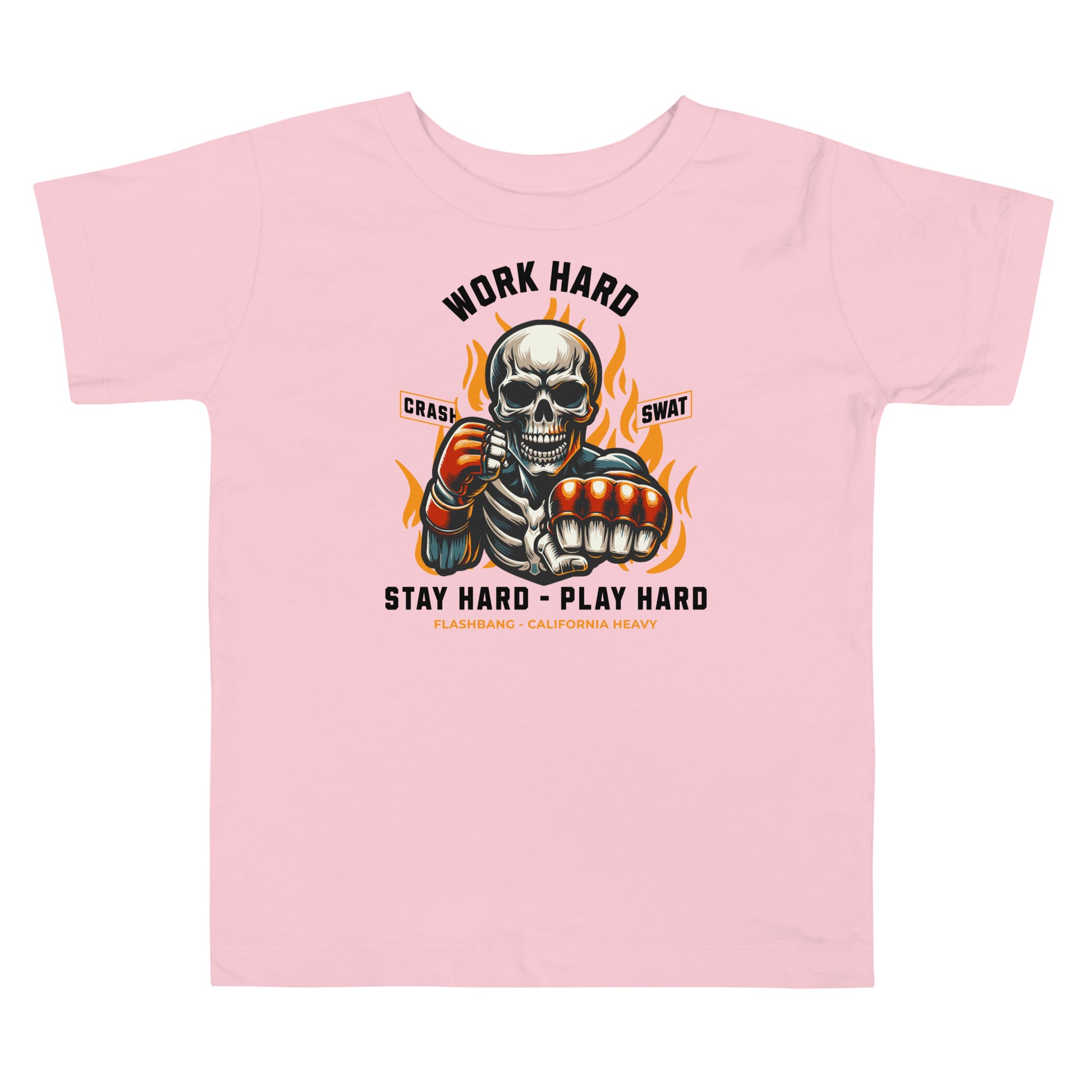 Pink t-shirt with a graphic design featuring a skeleton and flames on a white background