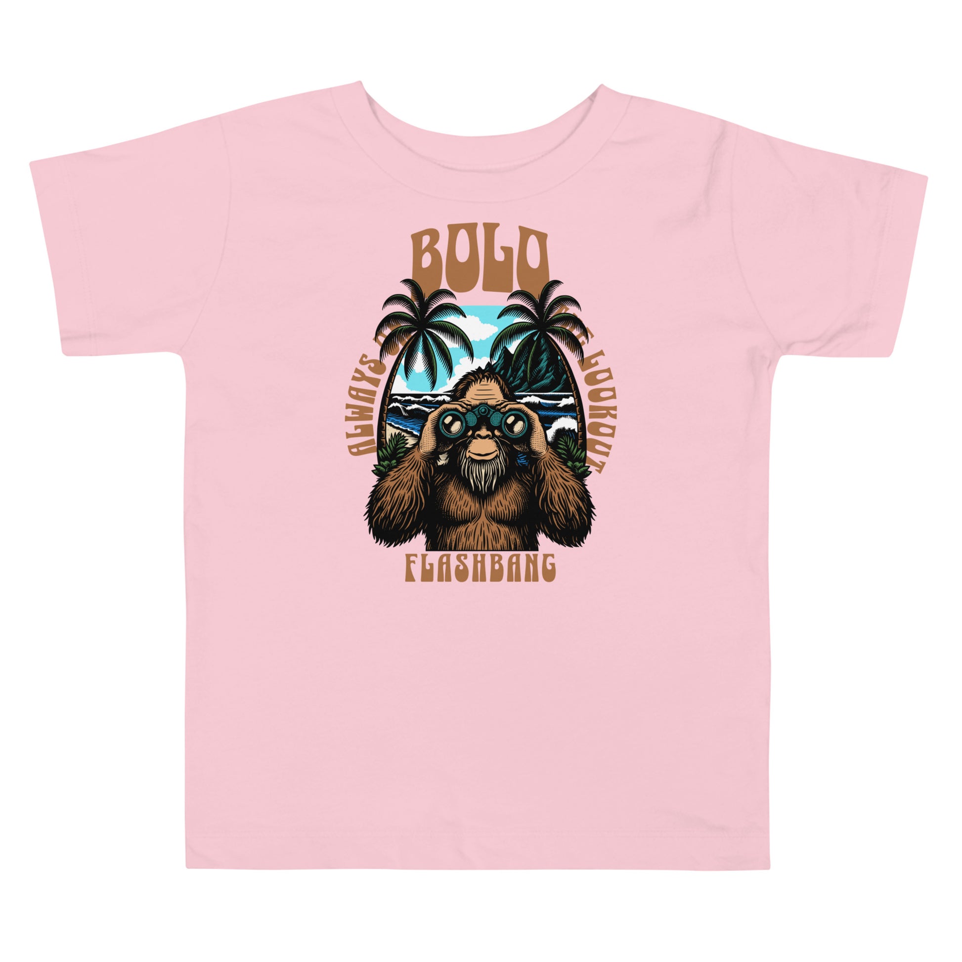 Pink t-shirt with a graphic design of a bear wearing sunglasses and palm trees on a white background