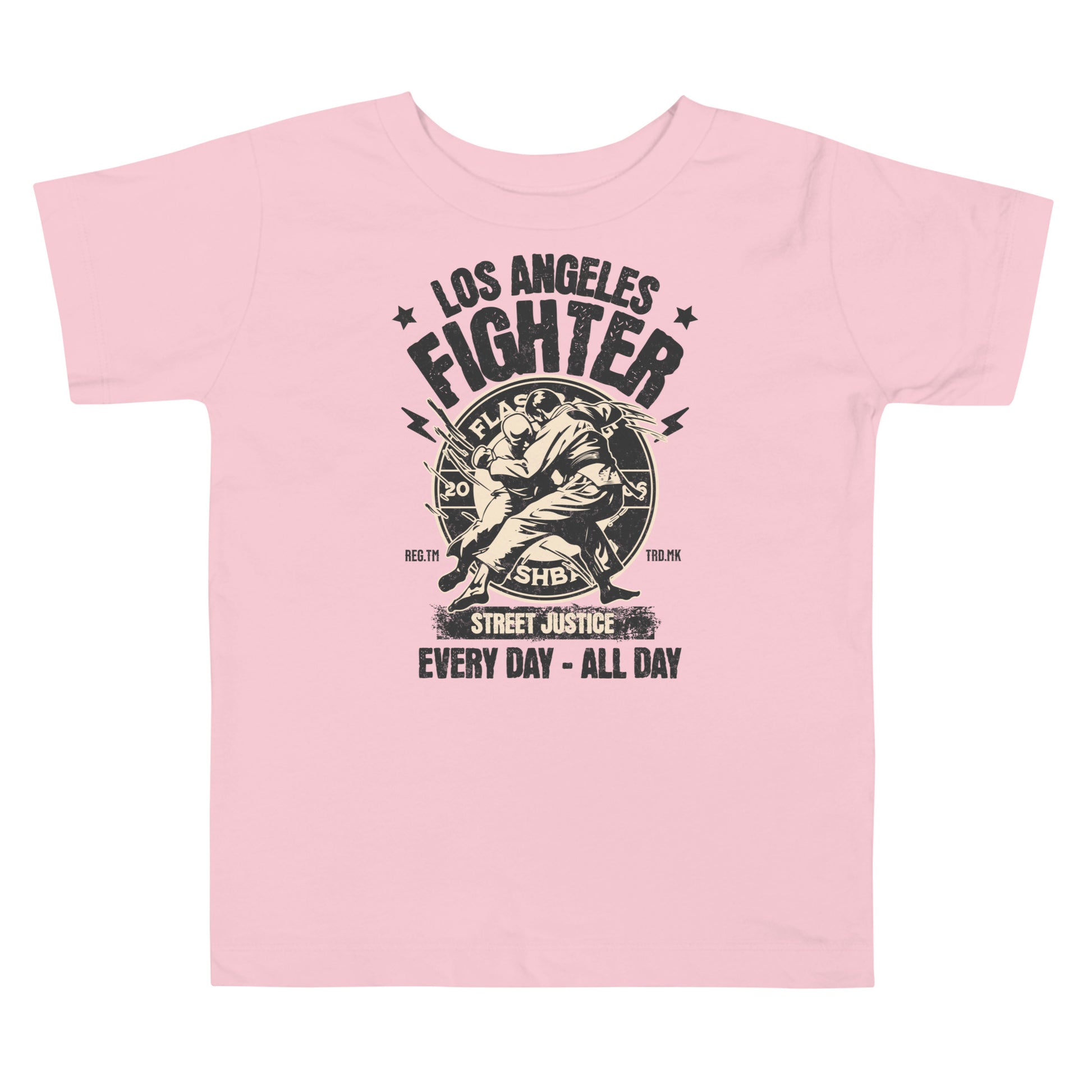 Pink t-shirt with 'Los Angeles Fighter' graphic design on a white background