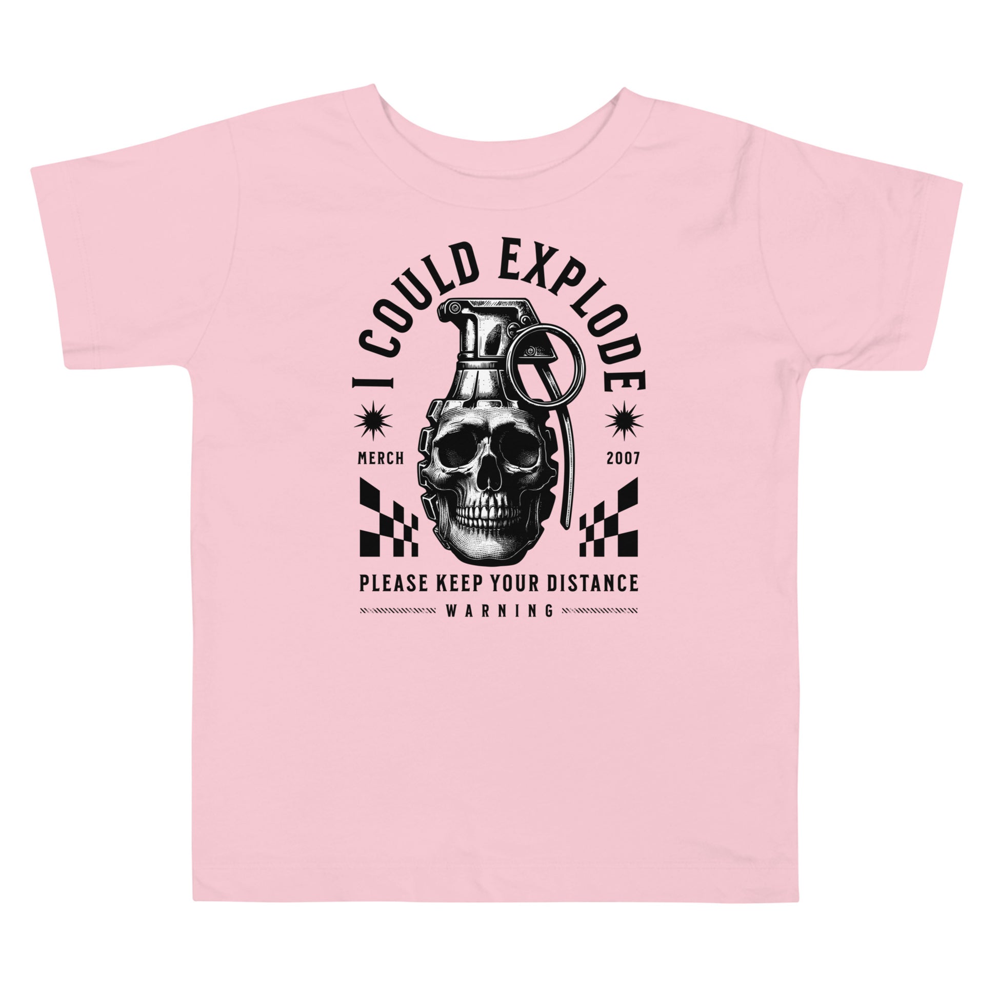 Pink t-shirt with a graphic design featuring a skull and grenade on a white background