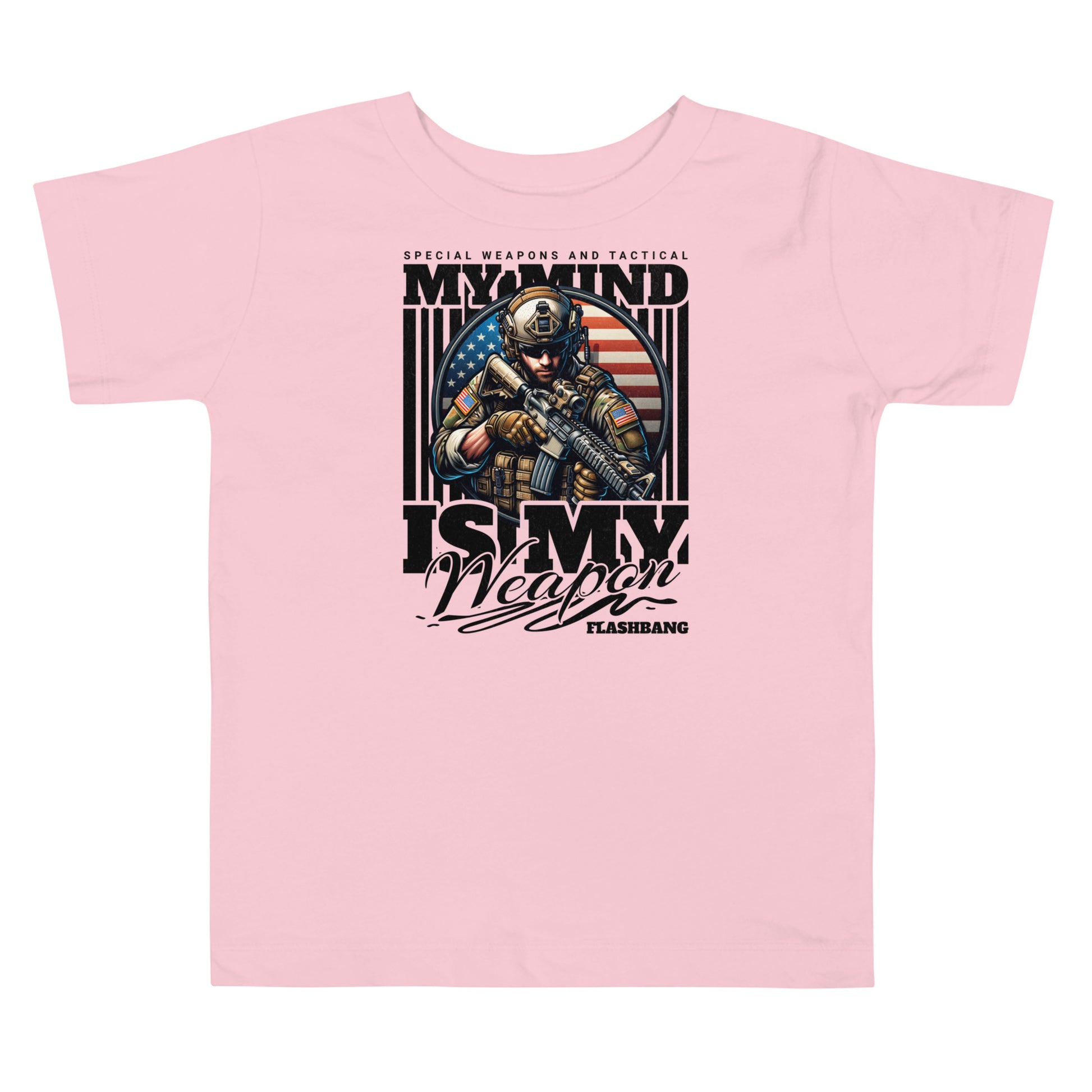 Pink t-shirt with graphic design featuring a soldier and text on a white background