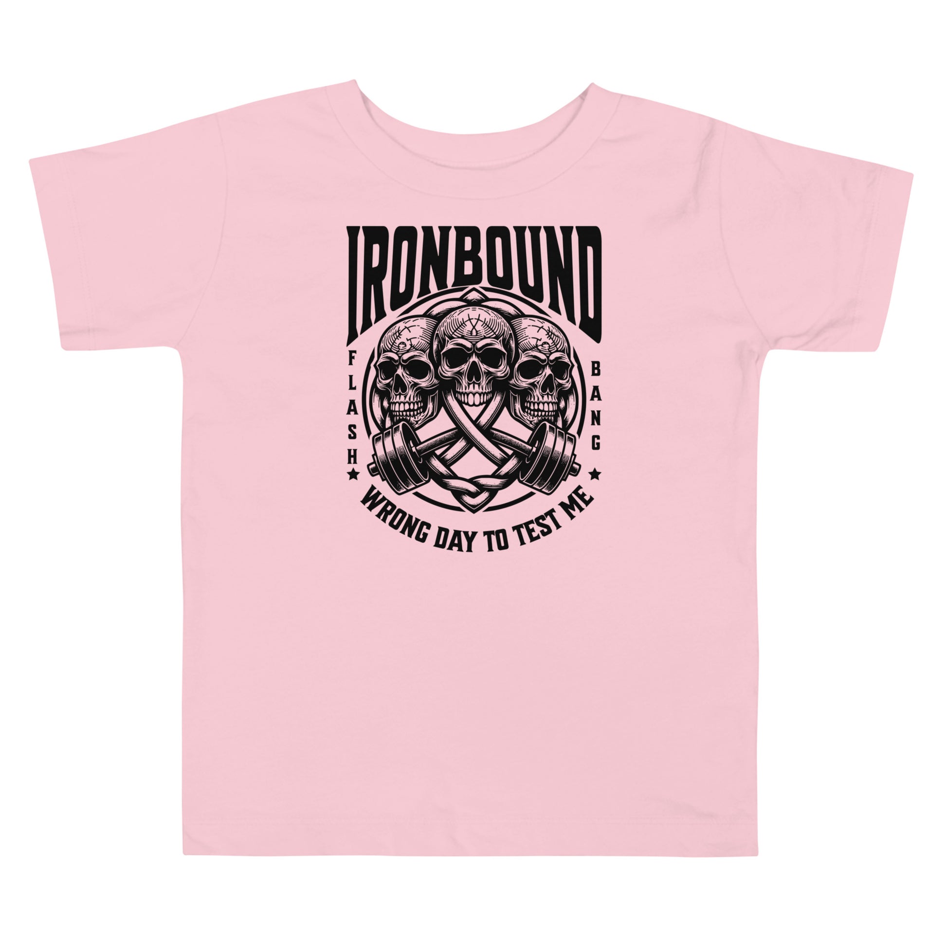 Pink t-shirt with black graphic design and text on a white background