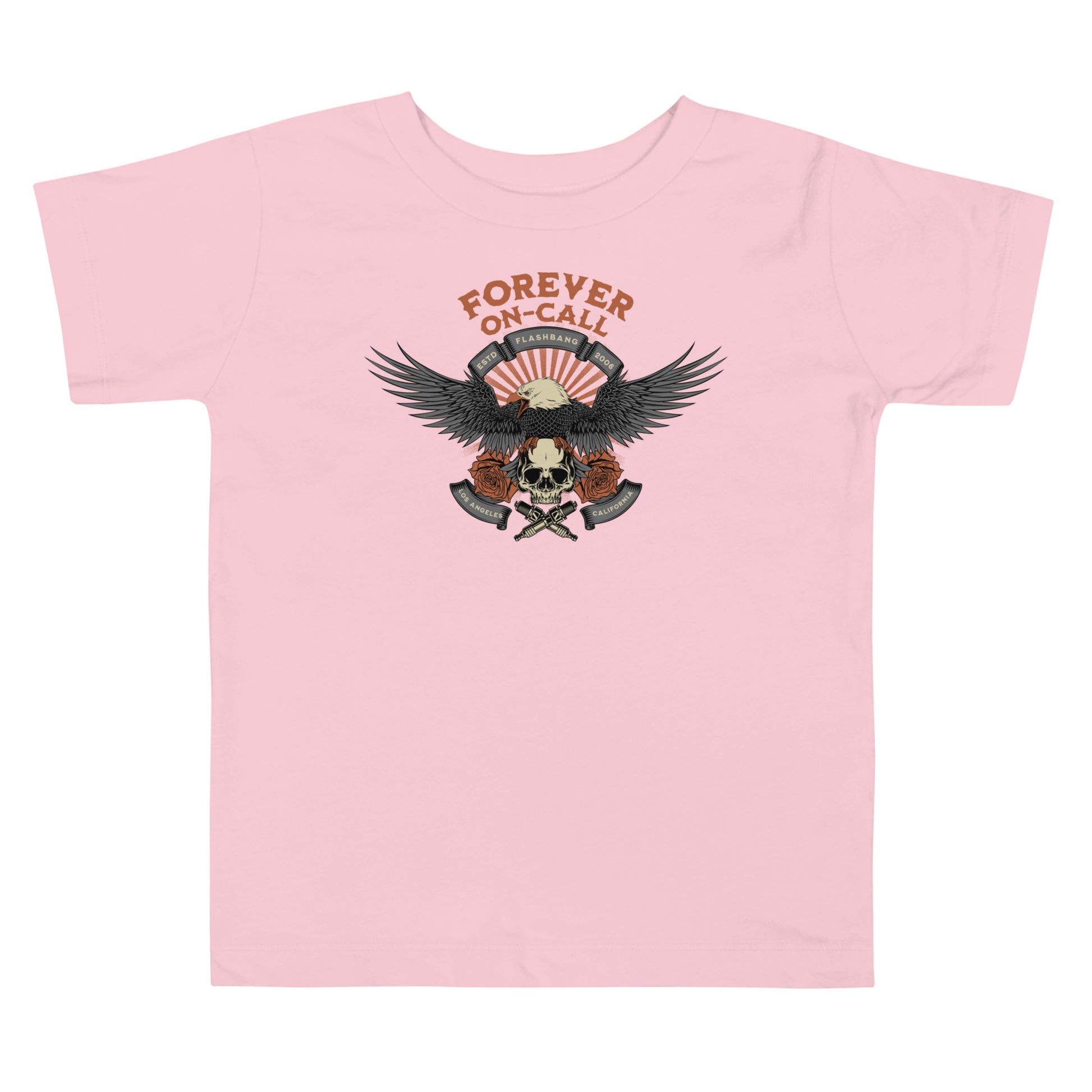 Pink t-shirt with an eagle and skull design on a white background