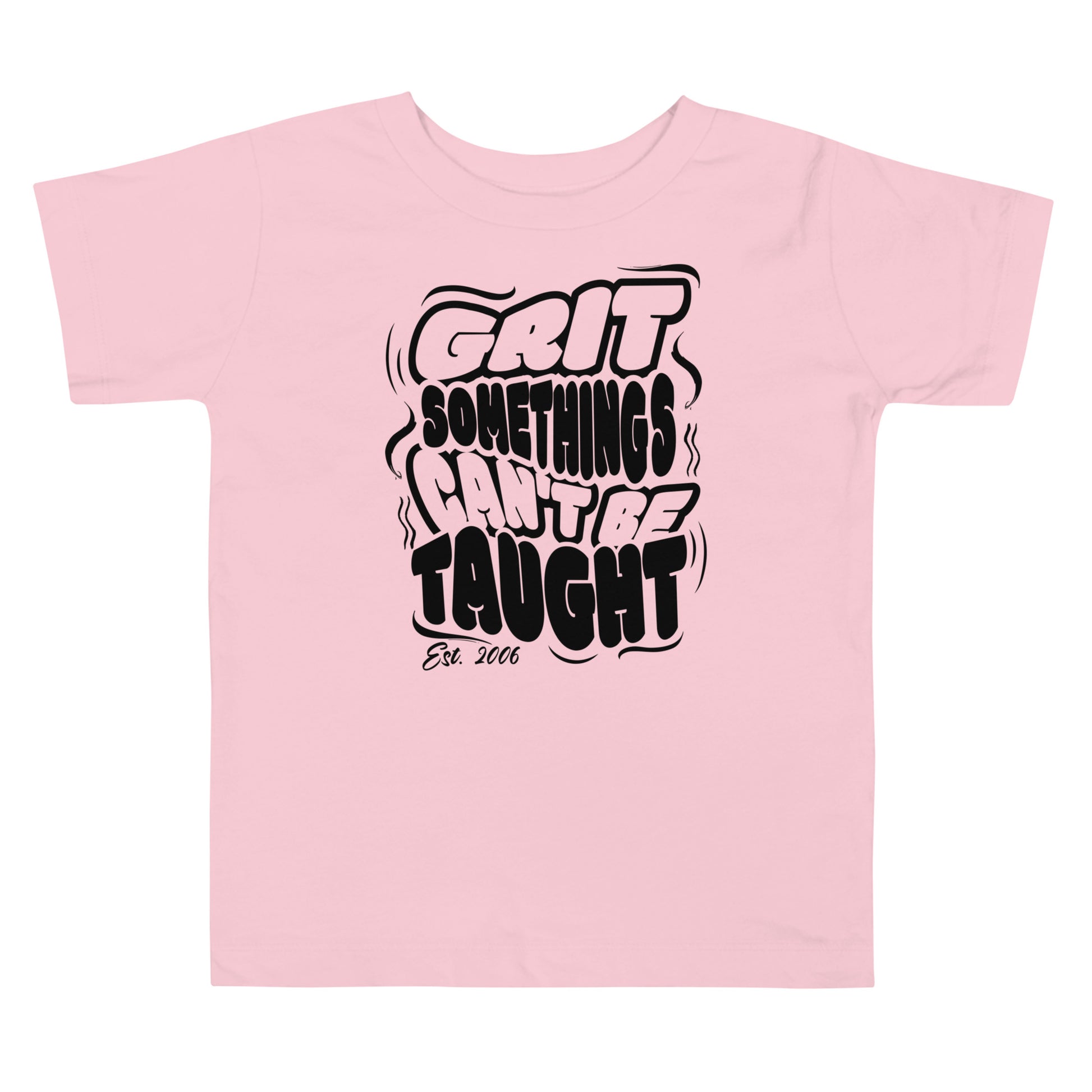 Pink t-shirt with black text on a white background
