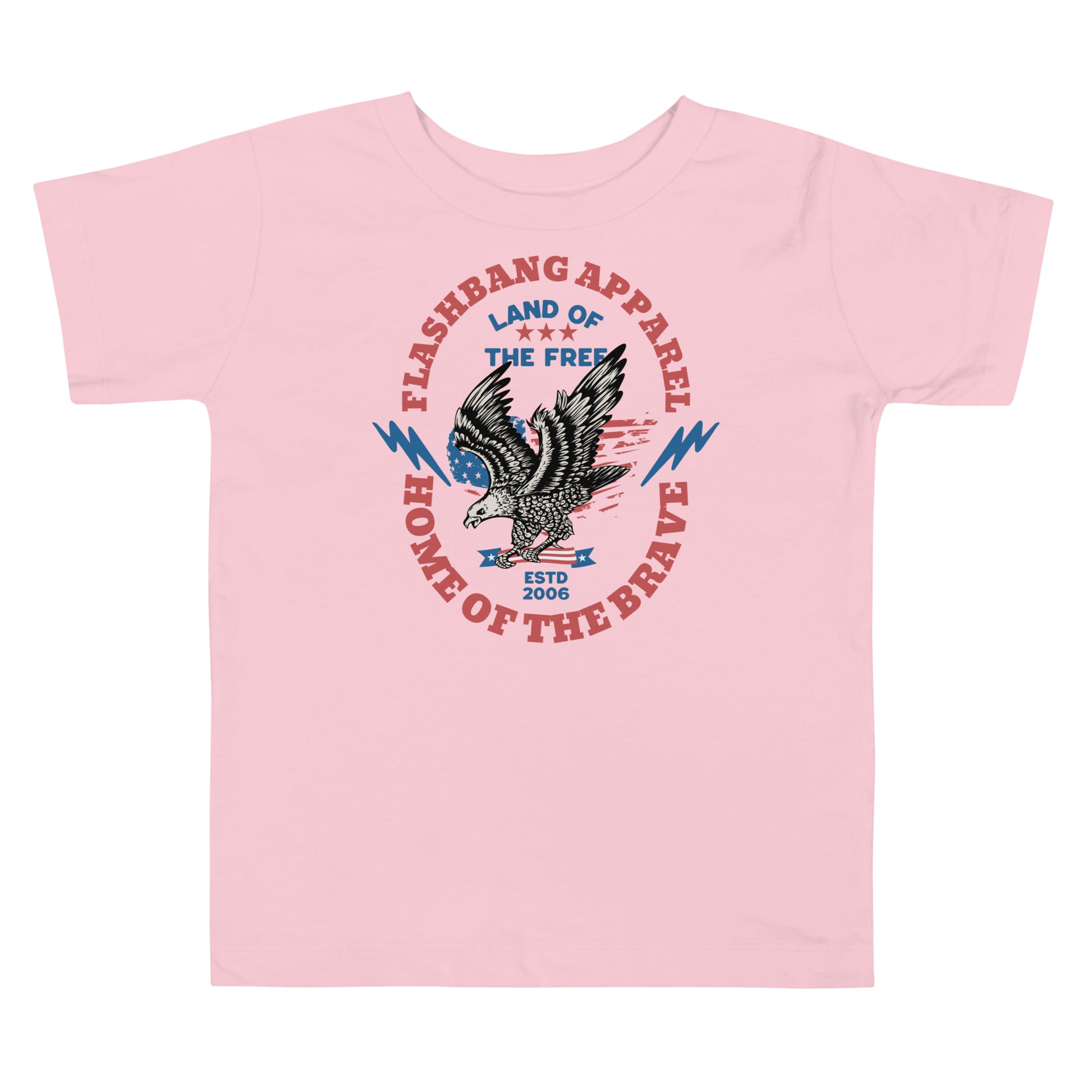Pink t-shirt with an eagle graphic and text on a white background