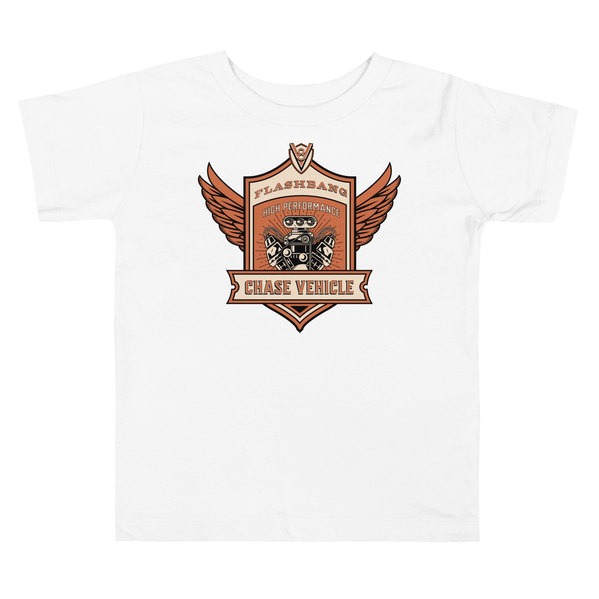 White t-shirt with a graphic design featuring wings and text on a white background