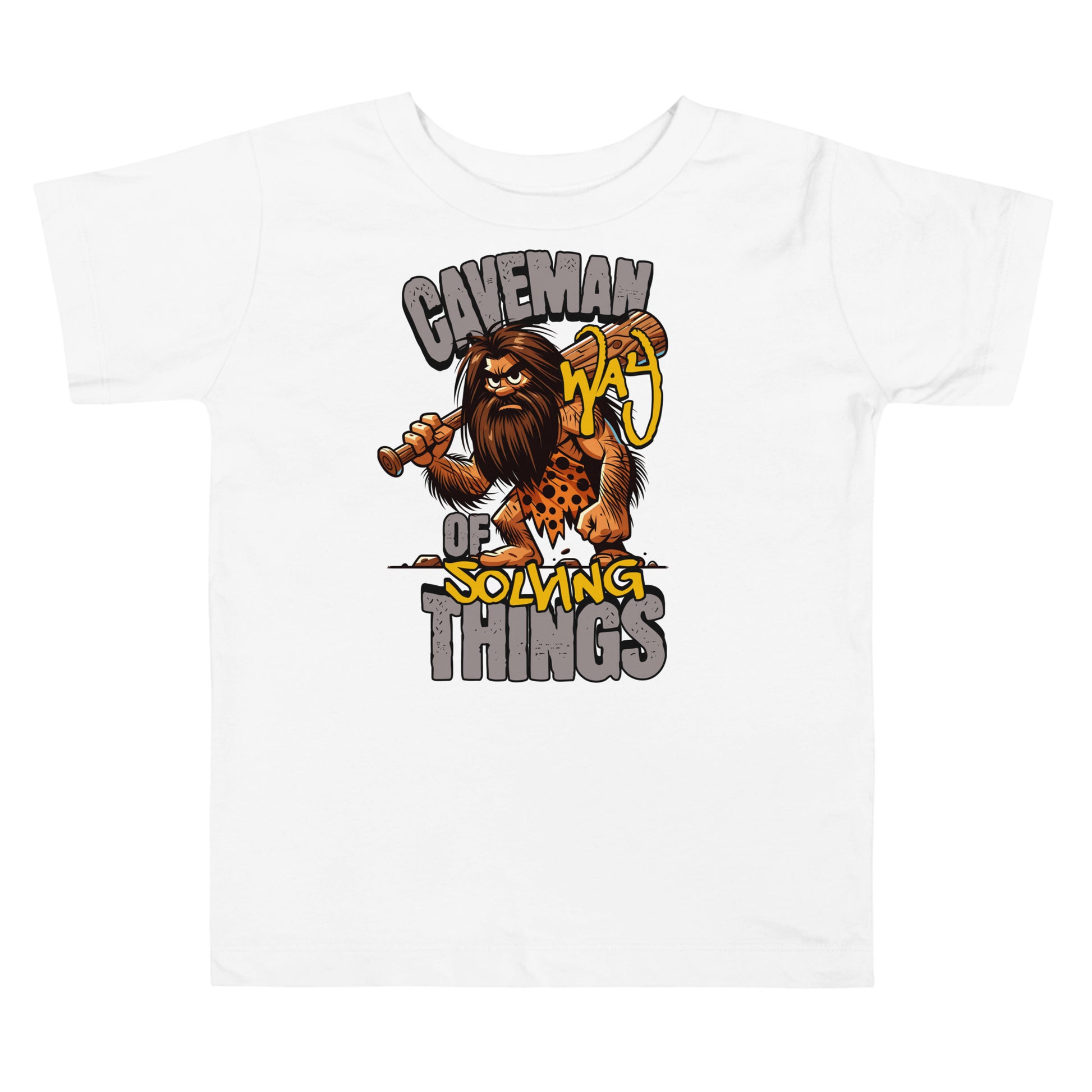 White t-shirt with a cartoon caveman design and text on a white background