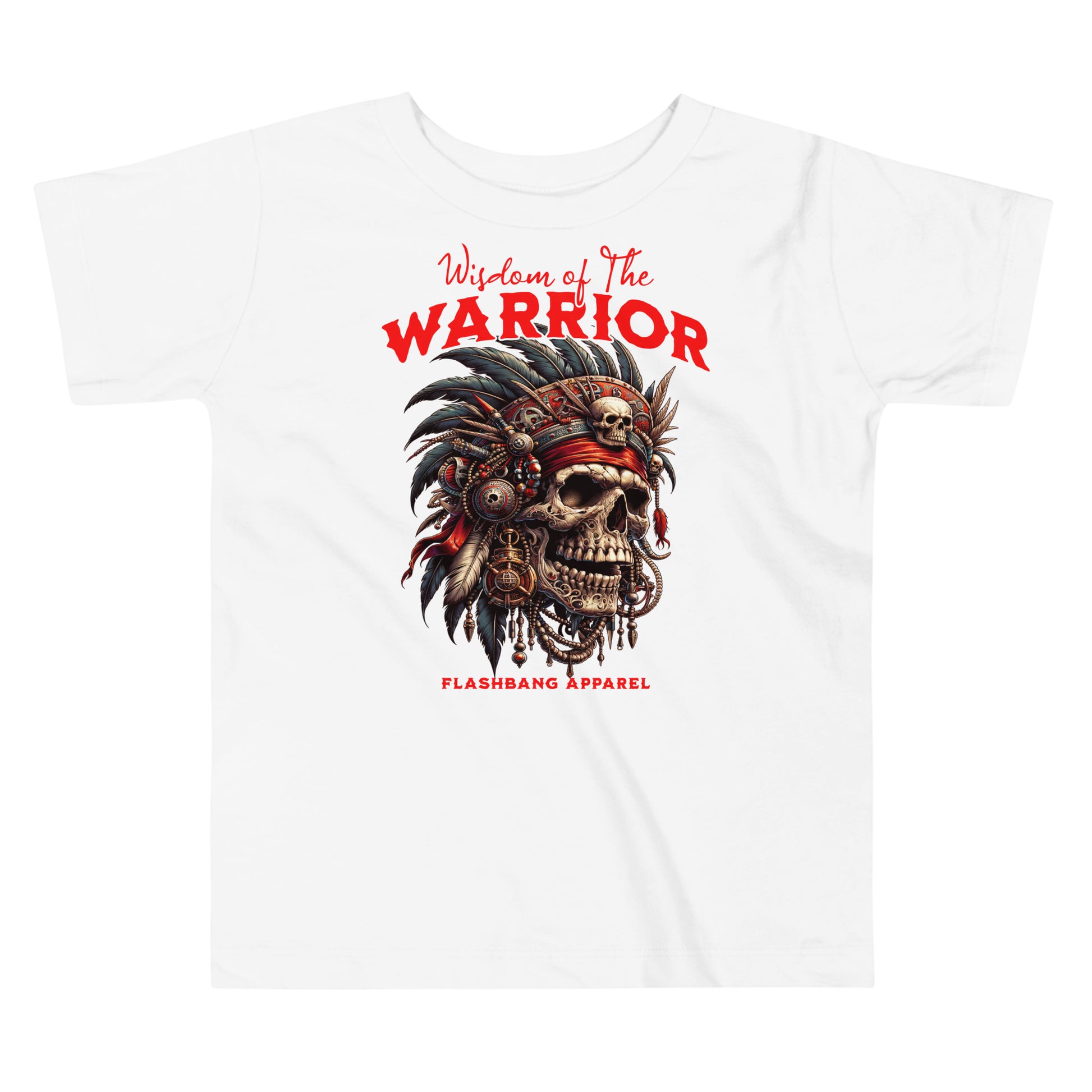 White t-shirt with a graphic design of a skull wearing a headdress and the text 'Wisdom of the Warrior' by Flashbang Apparel.