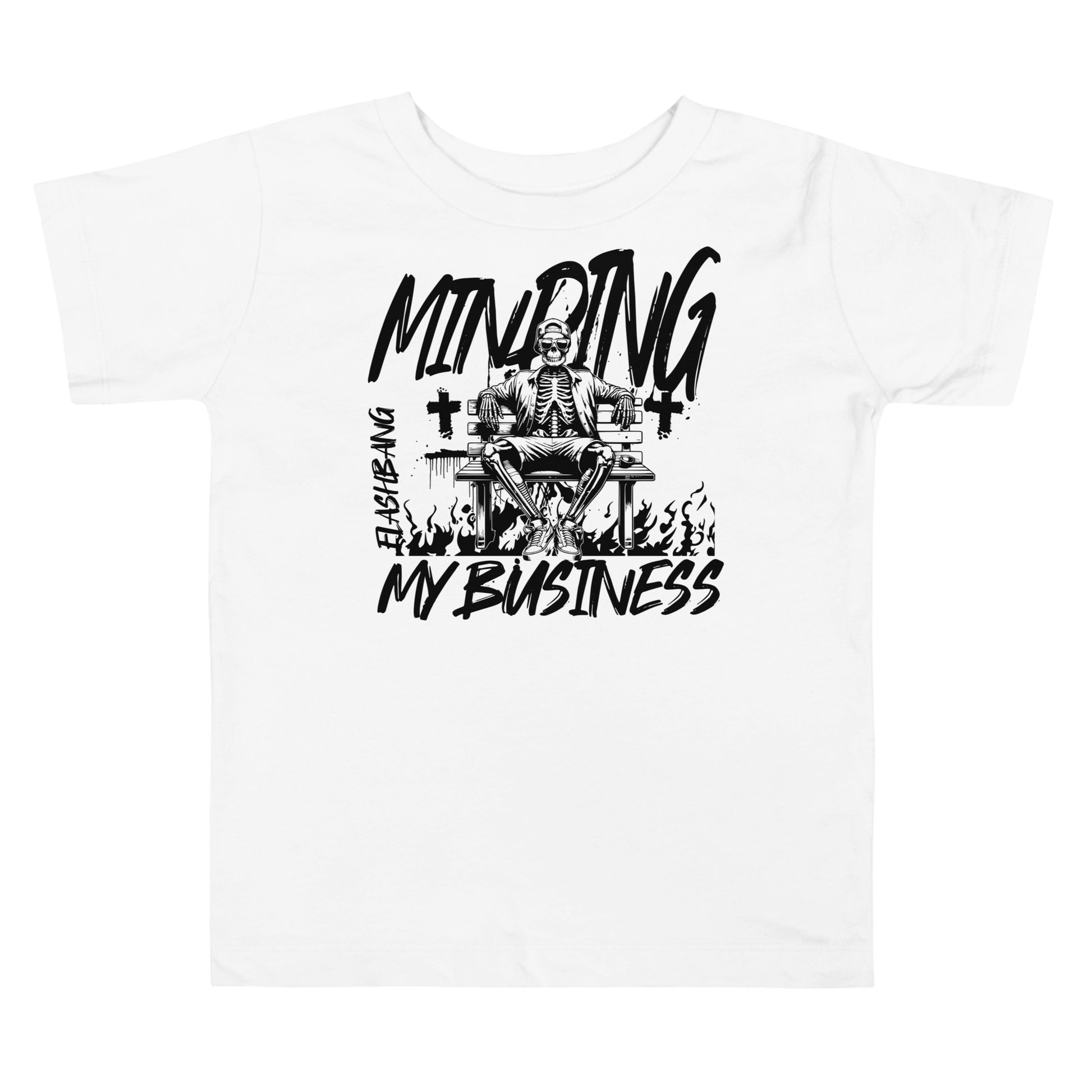 White t-shirt with black graphic design and text on a white background