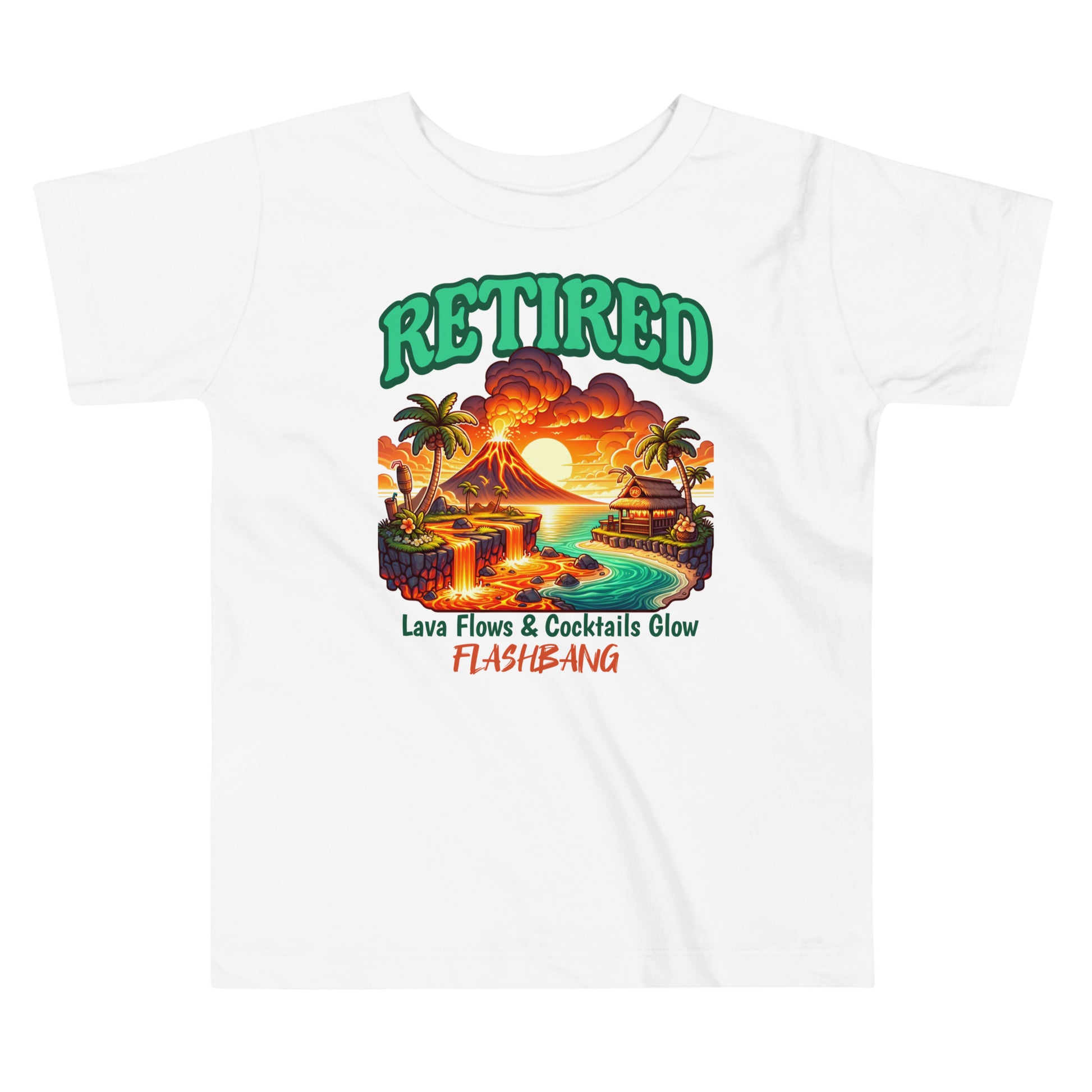 White t-shirt with a tropical graphic design and 'Retired' text on a white background