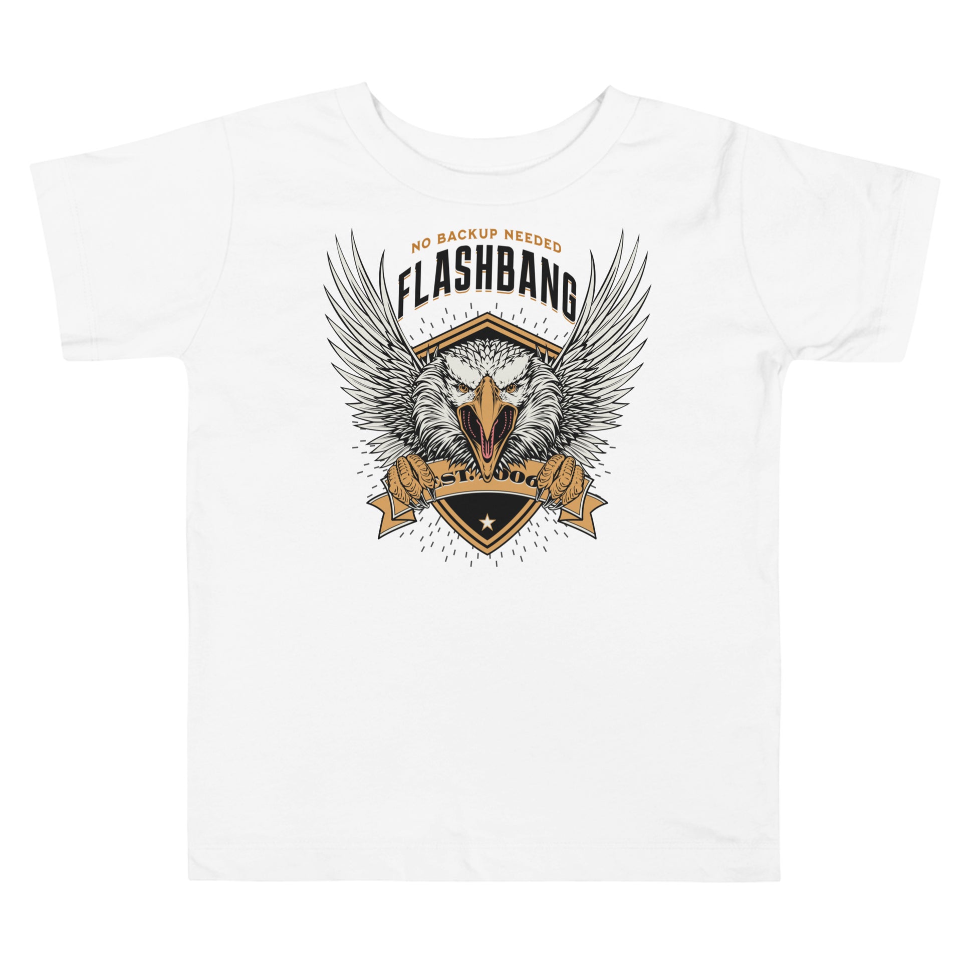 White t-shirt with an eagle graphic and 'Flashbang' text on a white background