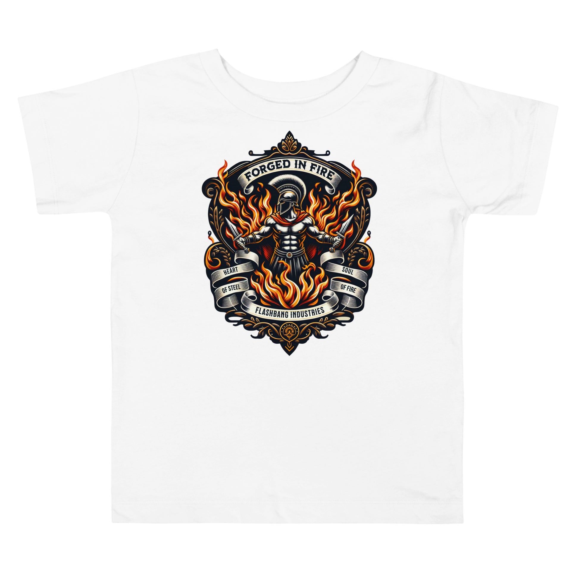 White t-shirt with a graphic design featuring flames and text on a white background