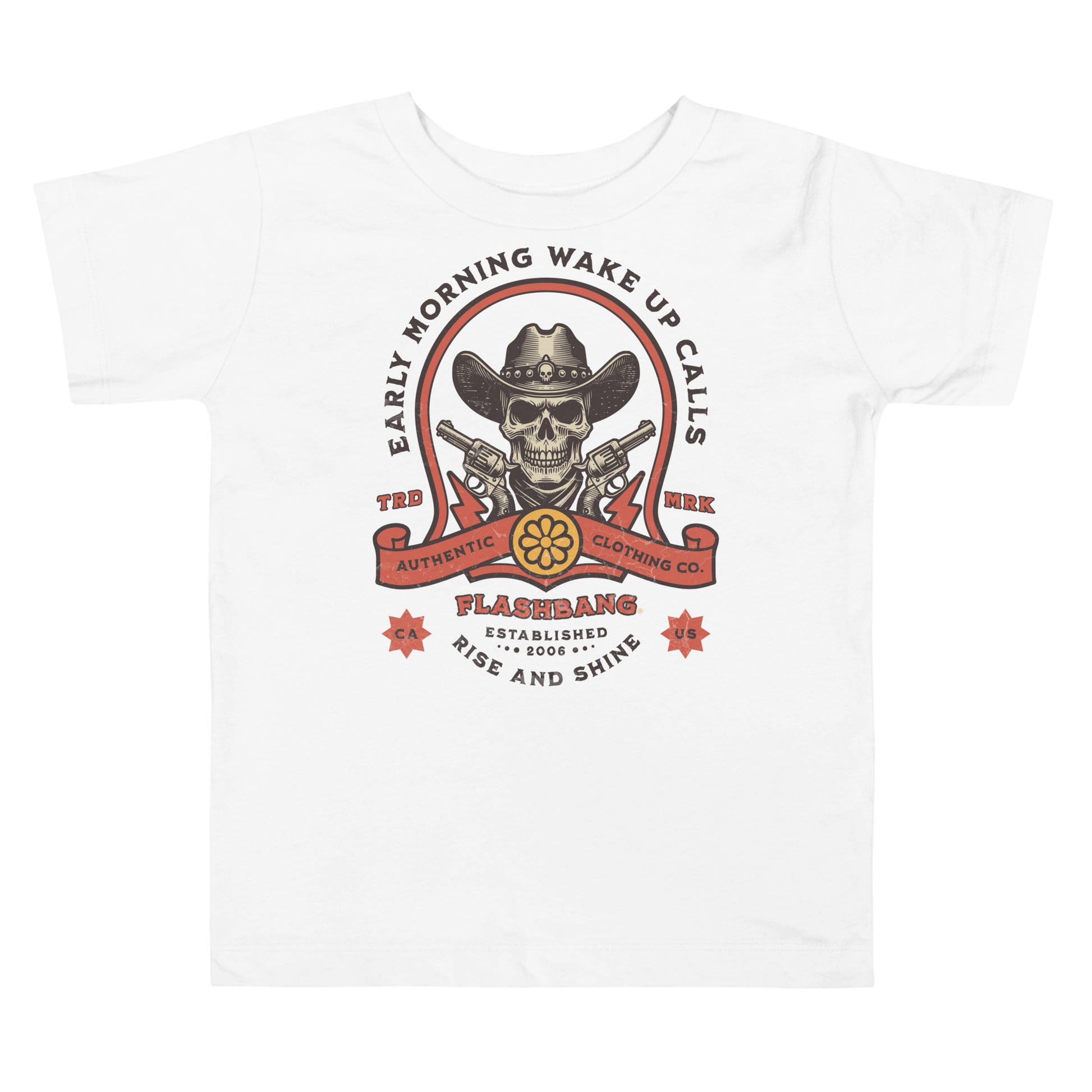 White t-shirt with a graphic design featuring a skull, cowboy hat, and text on a white background