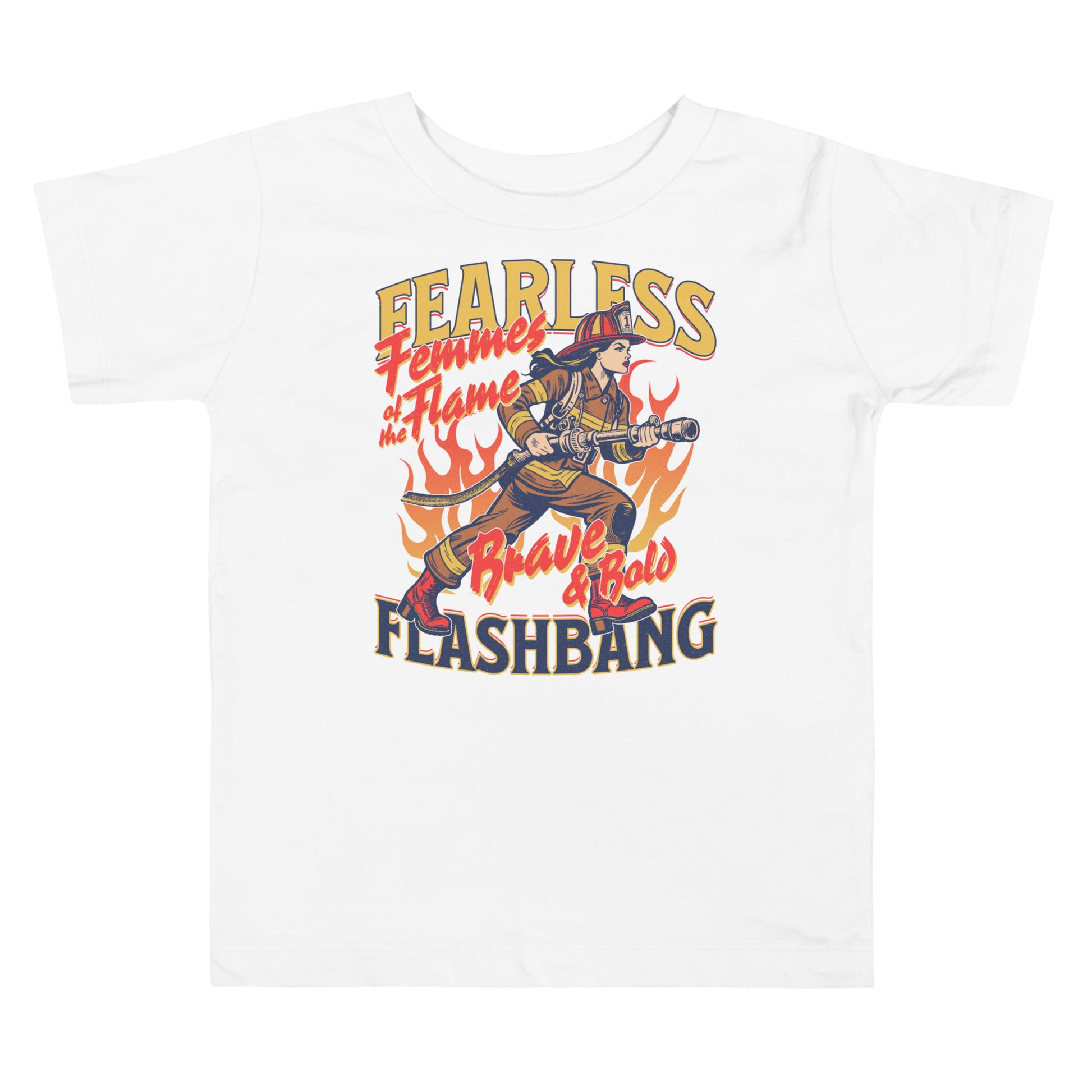 White t-shirt with graphic design featuring a character and text on a white background