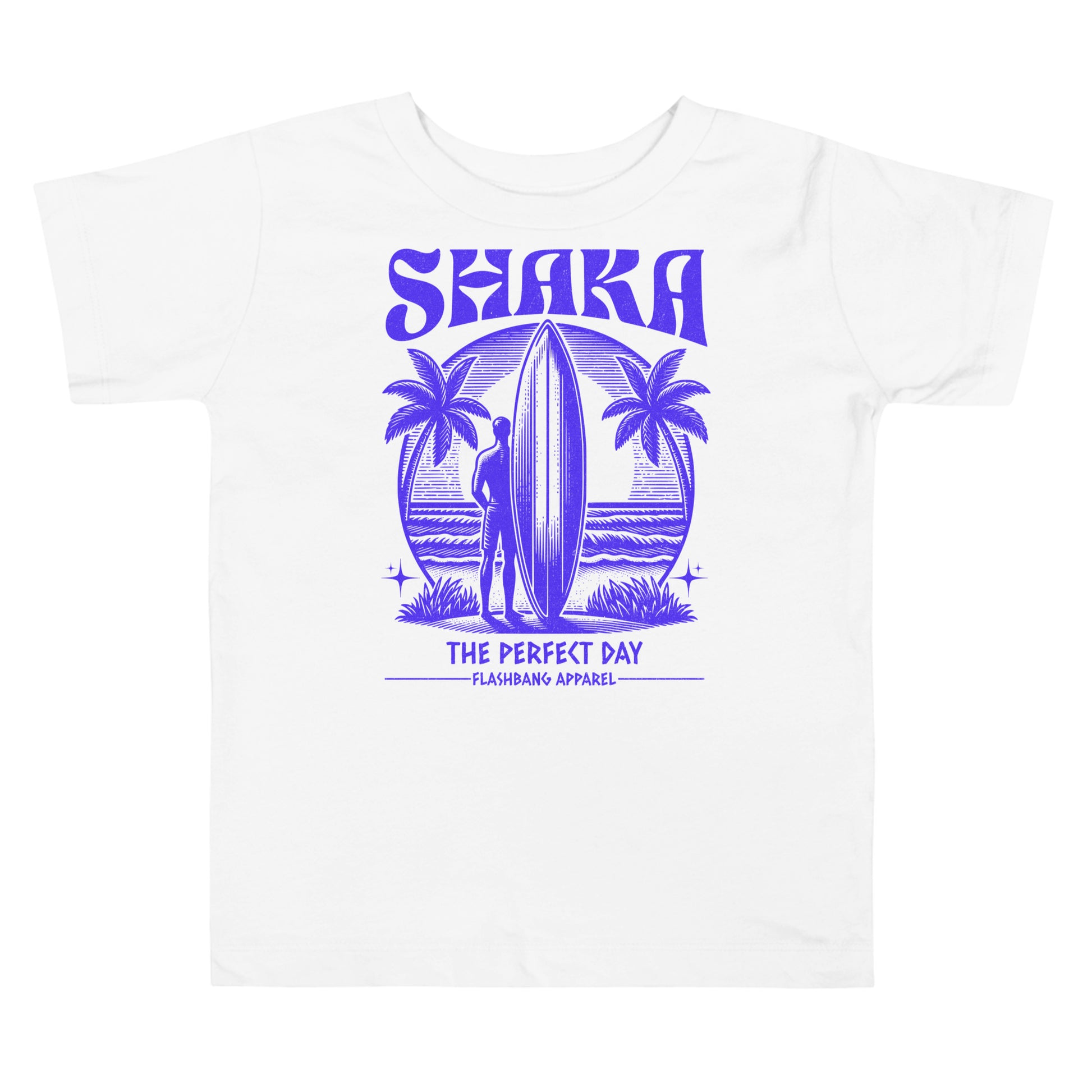 White t-shirt with blue 'Shaka' graphic design featuring a surfer and palm trees on a white background.