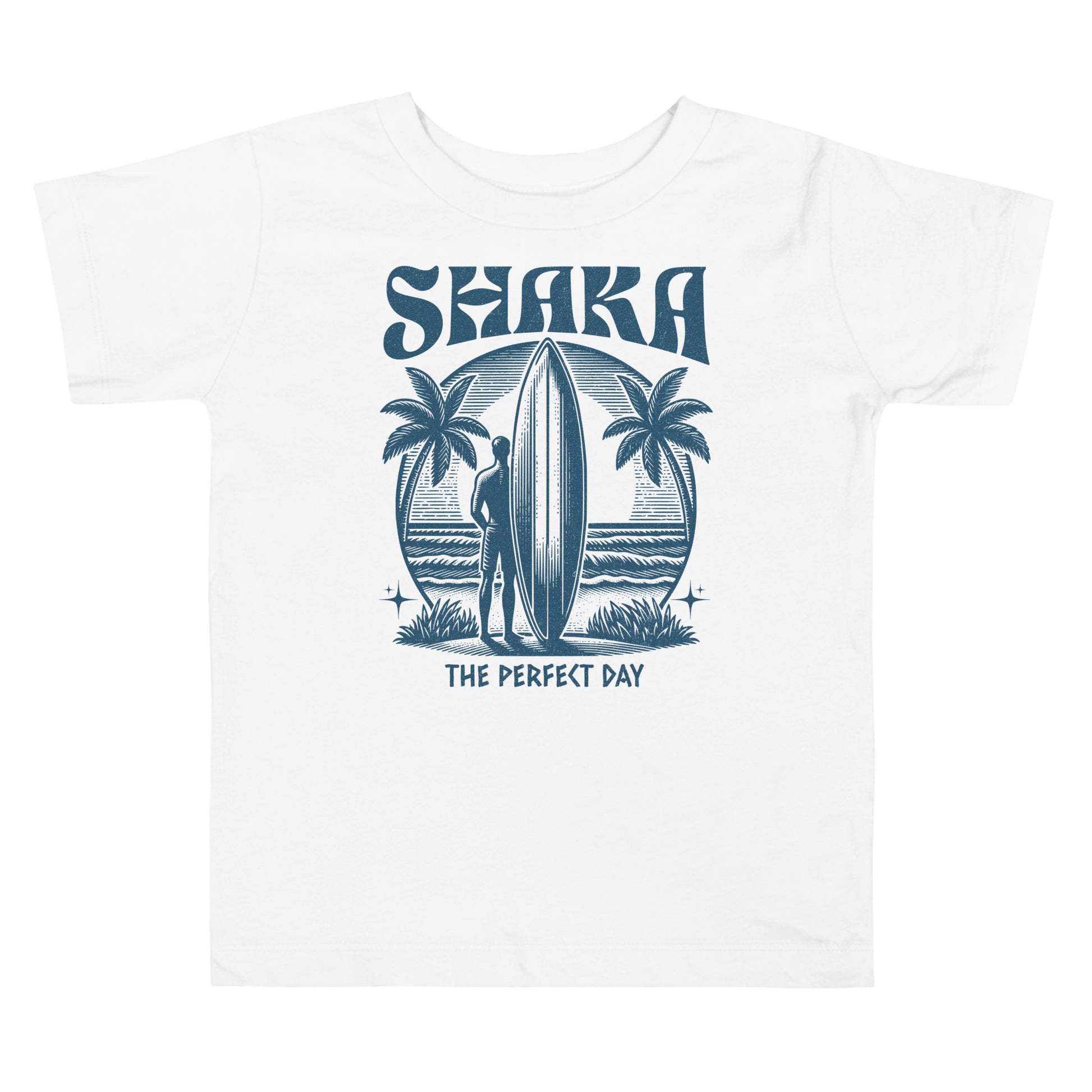White t-shirt with a graphic design of a person with a surfboard, palm trees, and 'Shaka The Perfect Day' text on a white background.