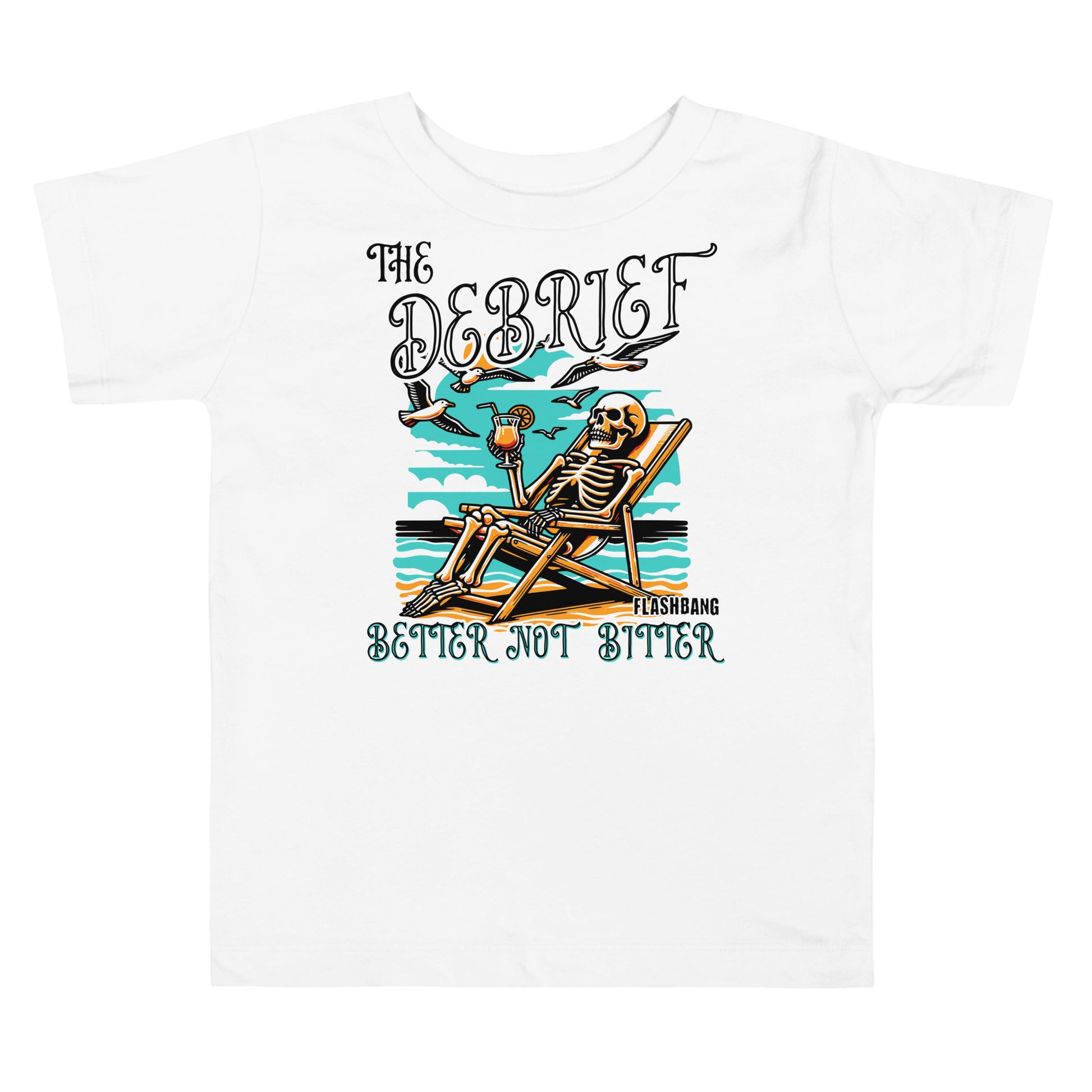 White t-shirt with a skeleton design and text on a white background