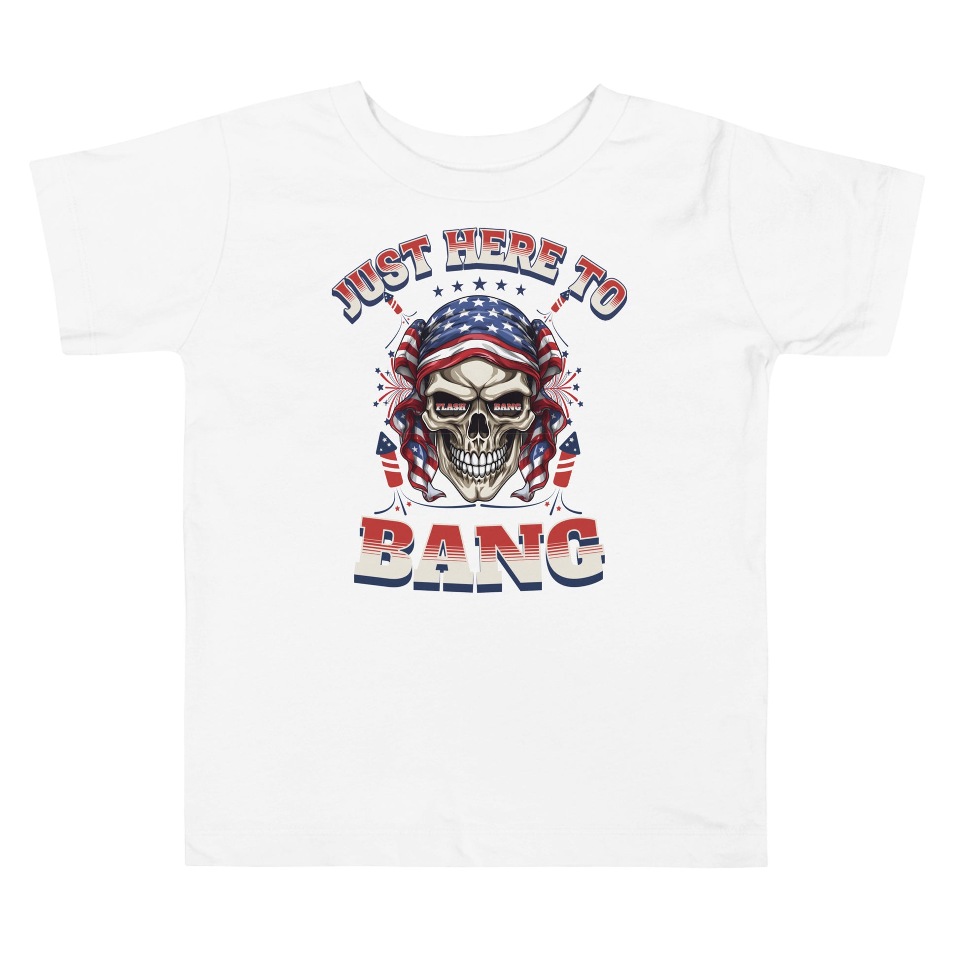 White t-shirt with a graphic design featuring a skull with an American flag bandana and text 'Just Here To Bang' on a white background.