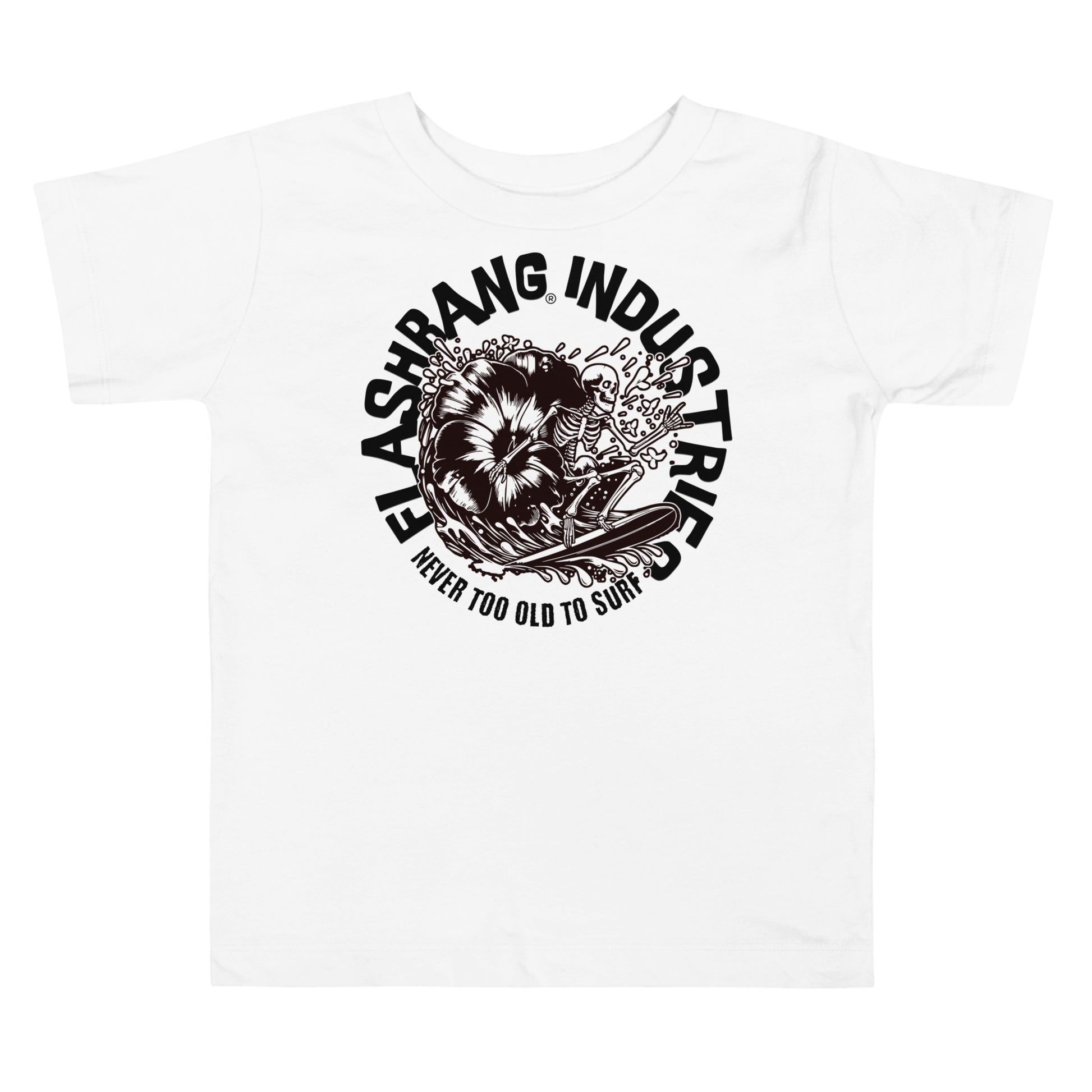 White t-shirt with black graphic design and text on a white background