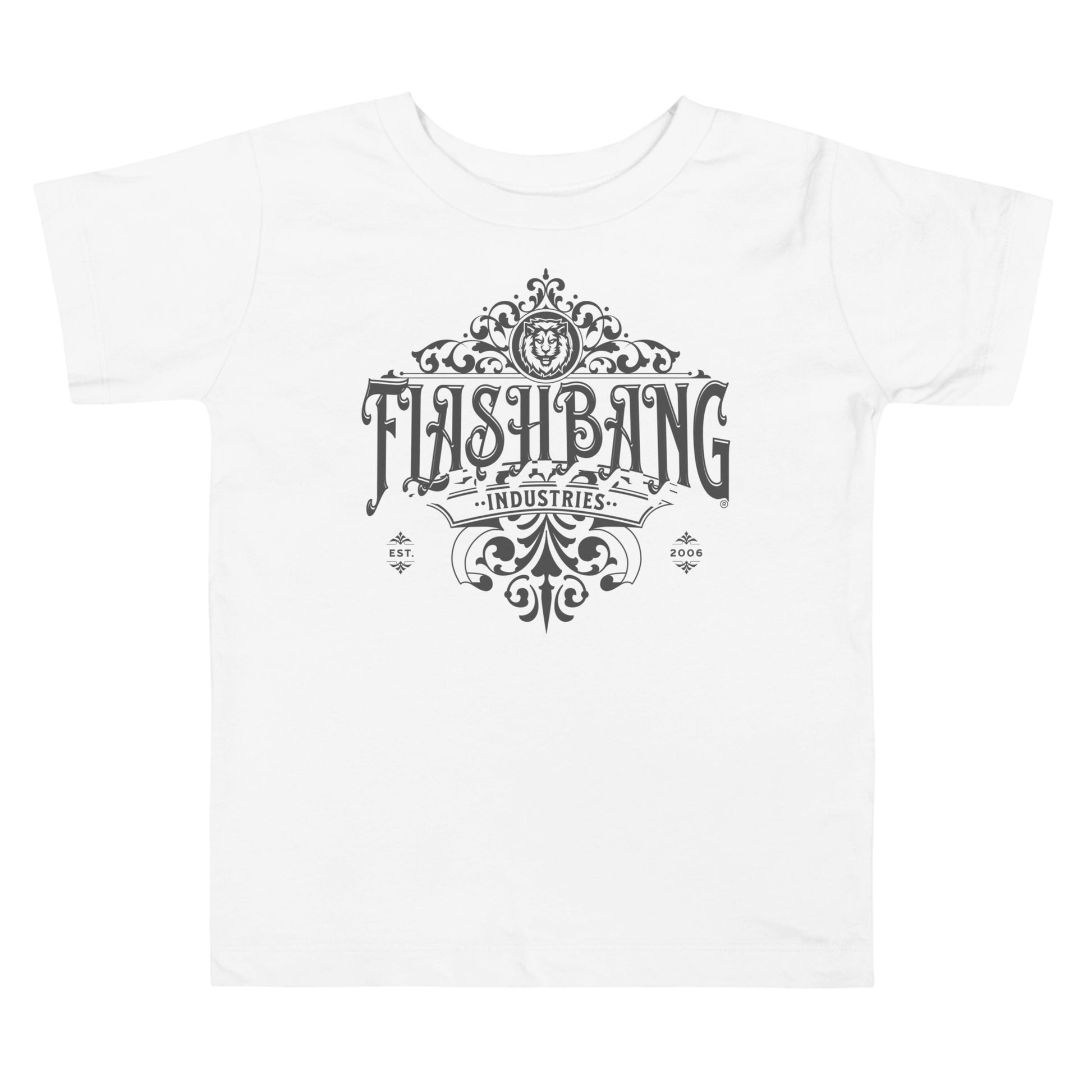 White t-shirt with 'Flashbang Industries' logo on a white background