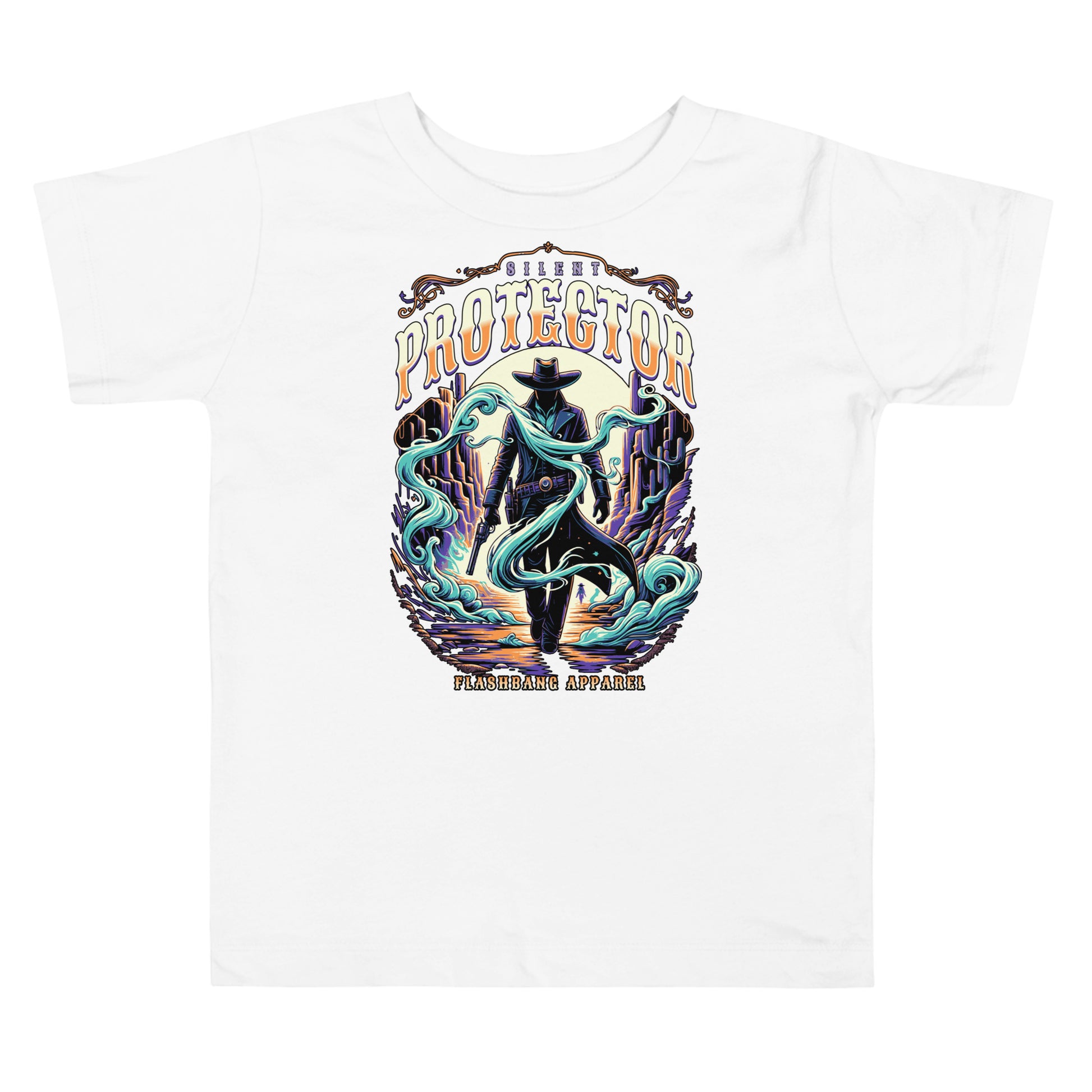 White t-shirt with a colorful graphic design featuring a cowboy and text on a white background