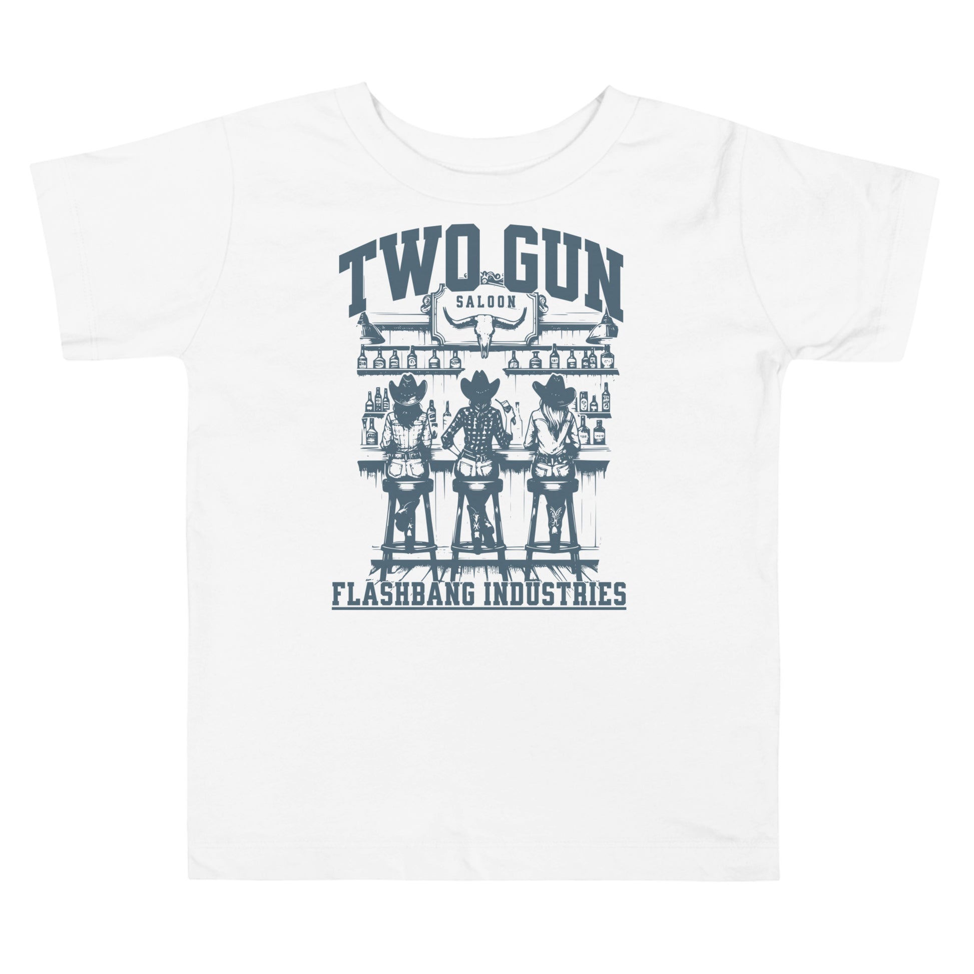 White t-shirt with graphic design and text on a white background