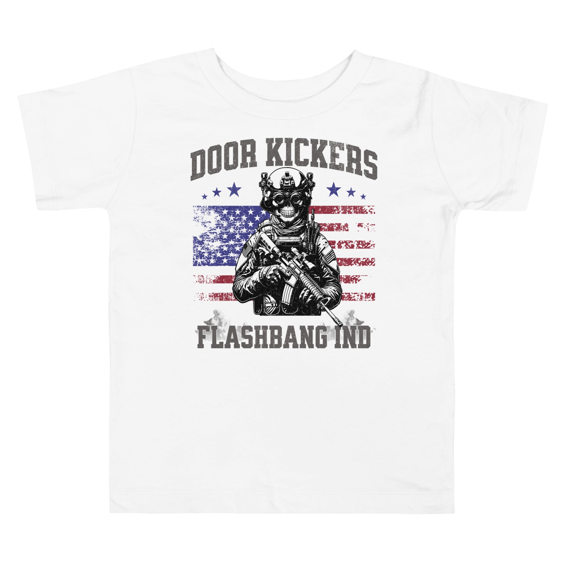 White t-shirt with graphic design featuring a skeleton in a helmet and American flag, text 'DOOR KICKERS' and 'FLASHBANG IND'.