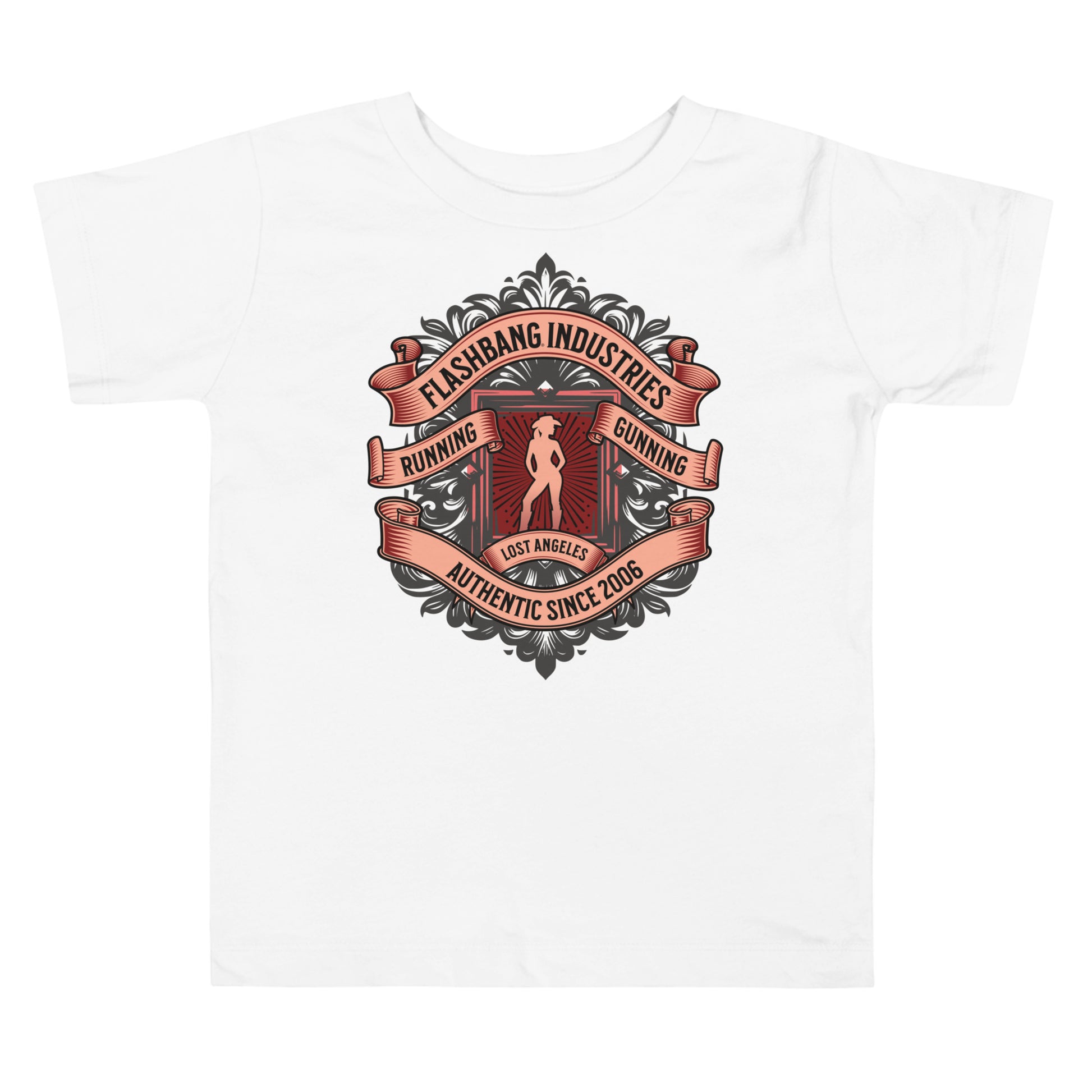 White t-shirt with a graphic design featuring text and a logo on a white background