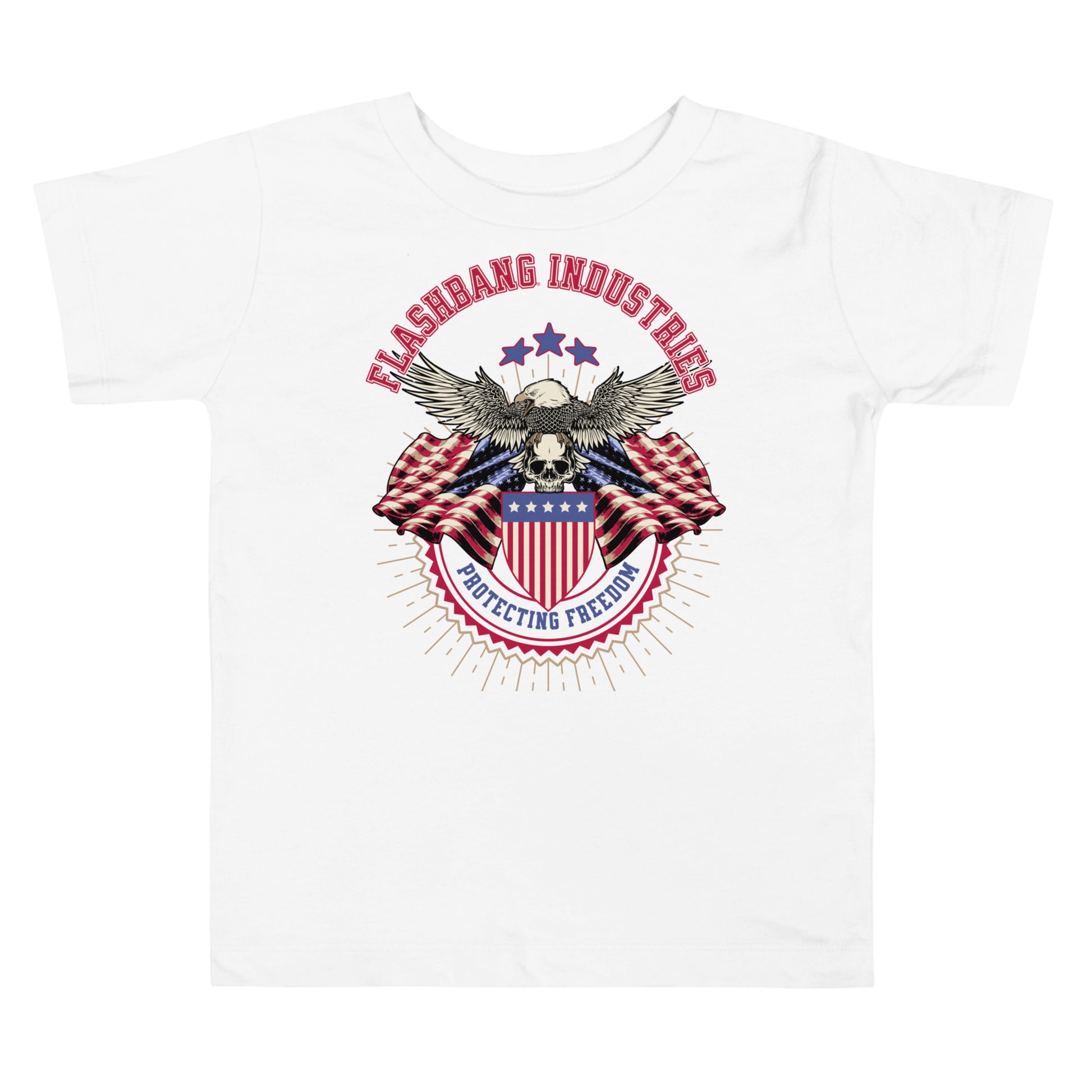 White t-shirt with patriotic graphic design featuring an eagle and American flag on a white background