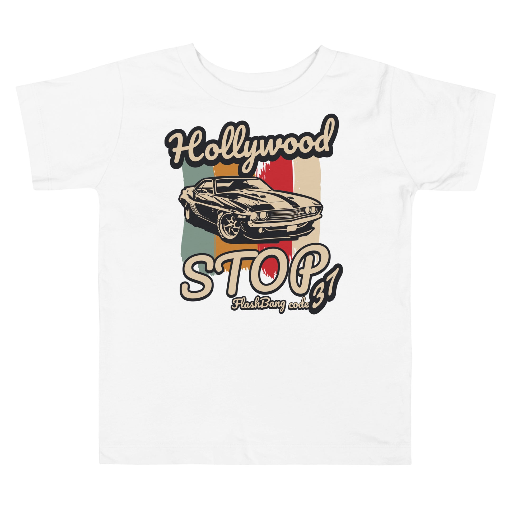 White t-shirt with a vintage car graphic and text on a white background