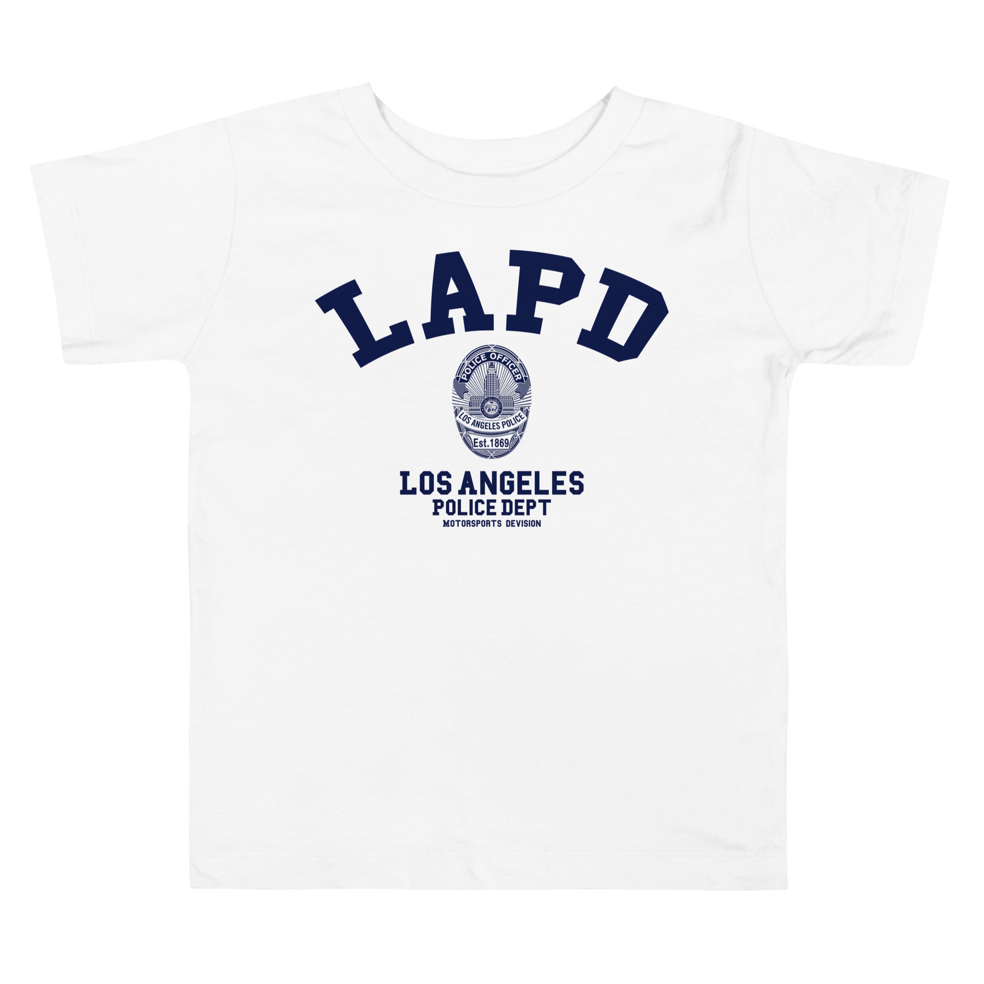 White t-shirt with LAPD Los Angeles Police Dept logo on a white background