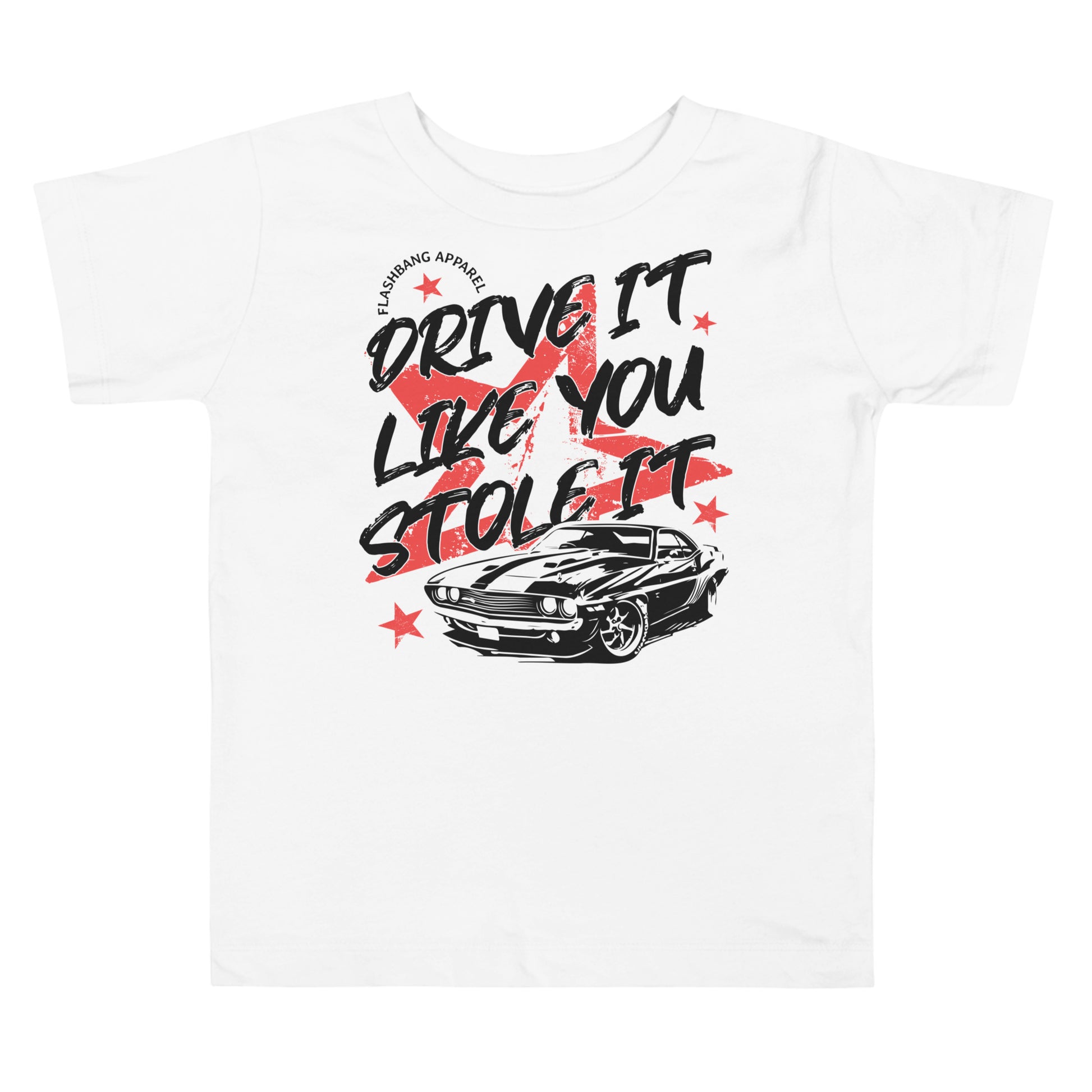White t-shirt with black car graphic and red text on a white background